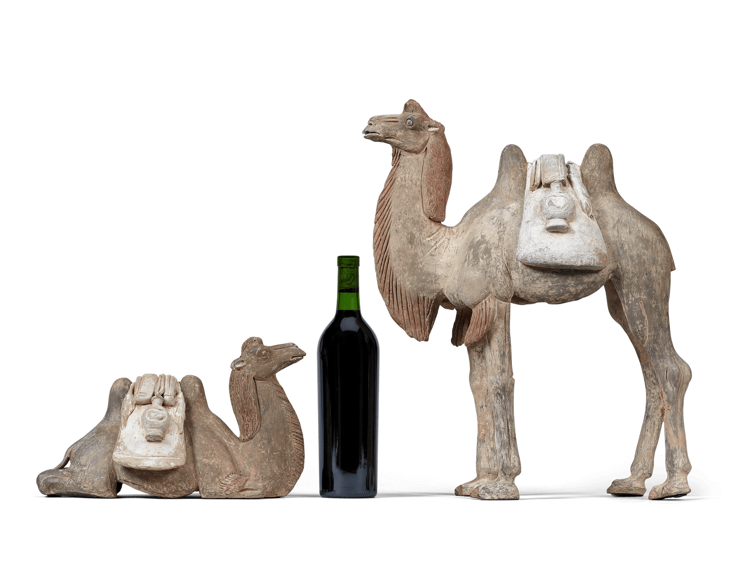 Pair of Tang Dynasty Camels Standing and Sitting