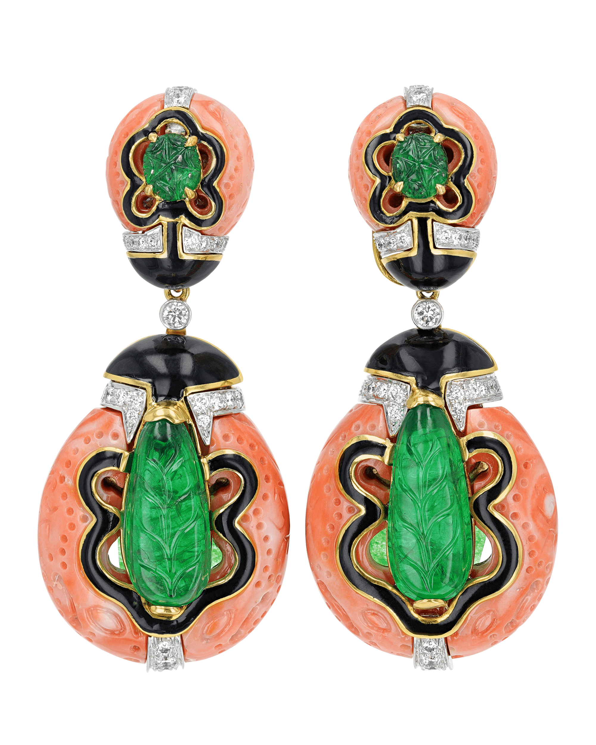 David Webb Coral, Emerald and Diamond Earrings