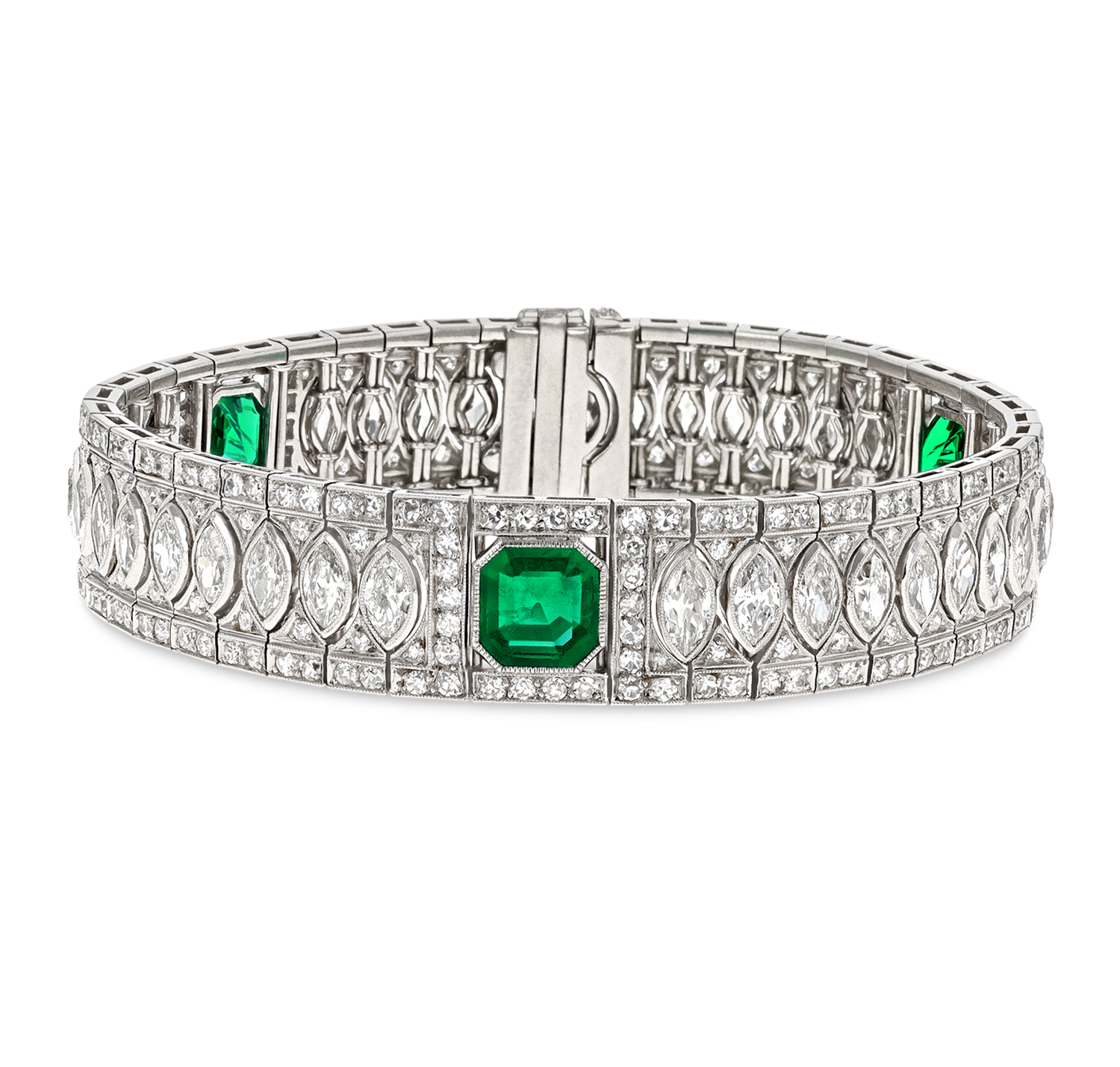 Art Deco Untreated Colombian Emerald and Diamond Bracelet