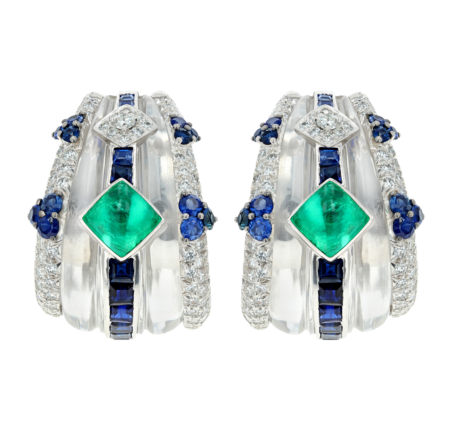 David Webb Emerald, Sapphire and Diamond Earrings