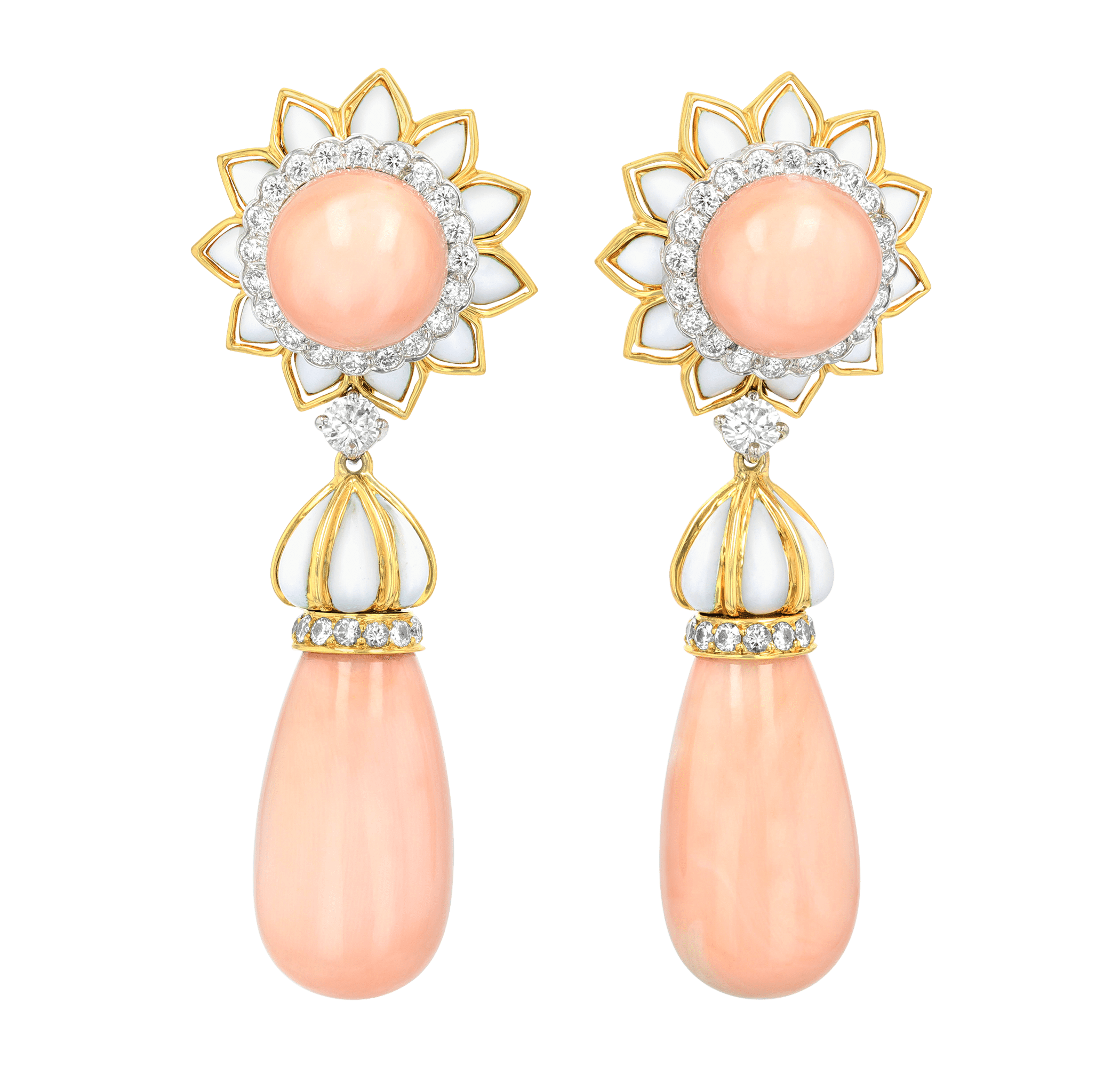 David Webb Coral, Enamel and Diamond Earrings