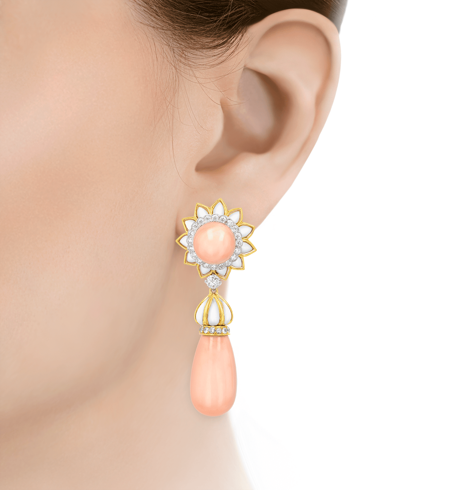 David Webb Coral, Enamel and Diamond Earrings