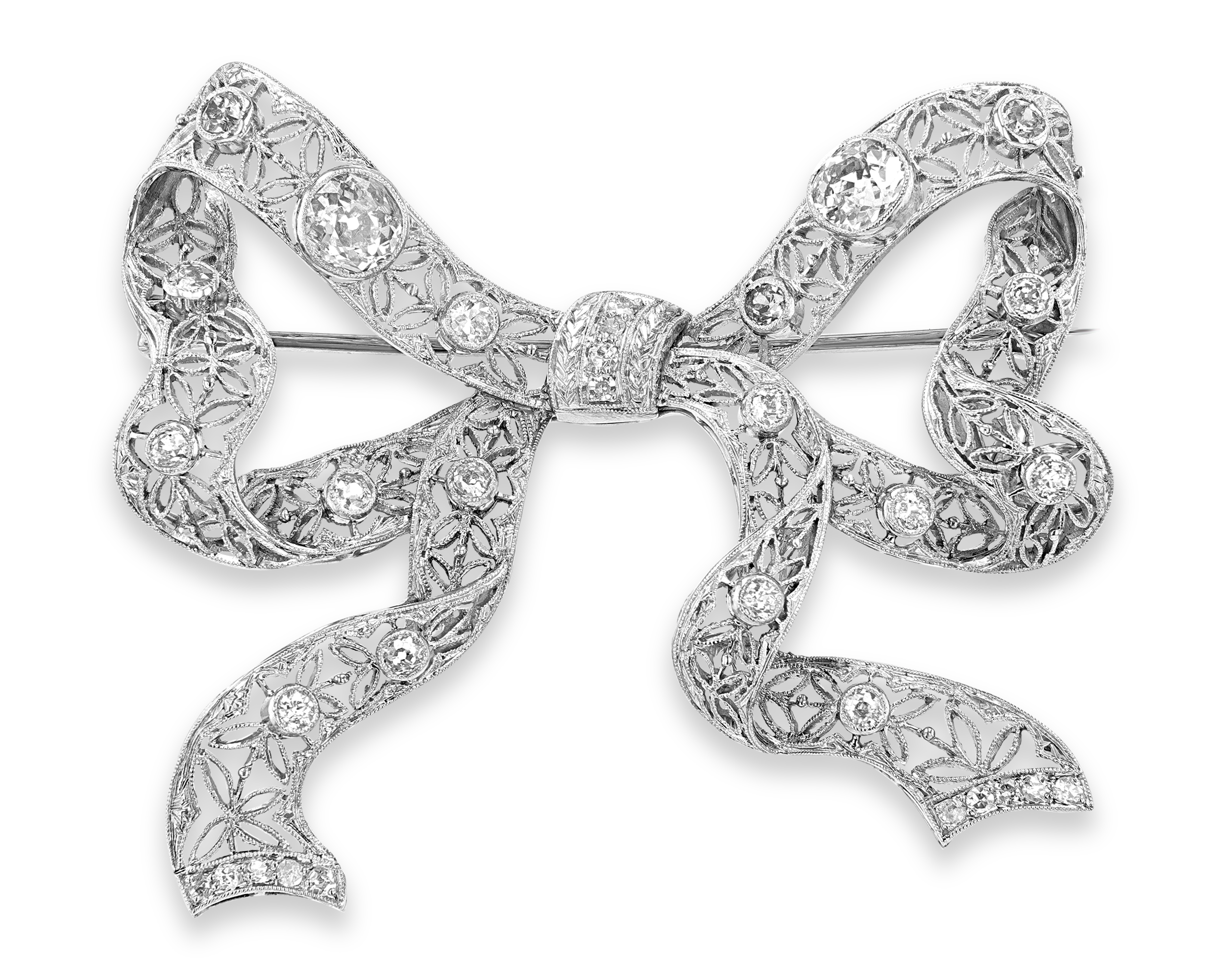 Art Deco Diamond Bow Brooch, 2.55 Carats