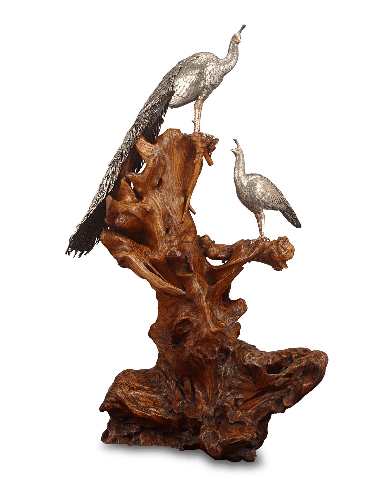 Pair of Meiji Period Bronze Birds on Driftwood Base