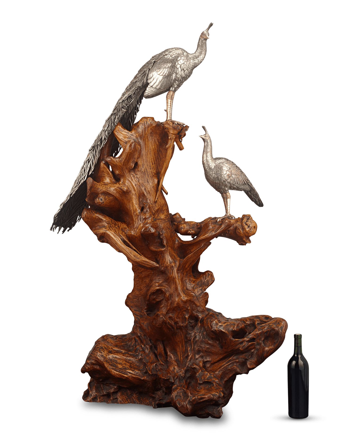 Pair of Meiji Period Bronze Birds on Driftwood Base