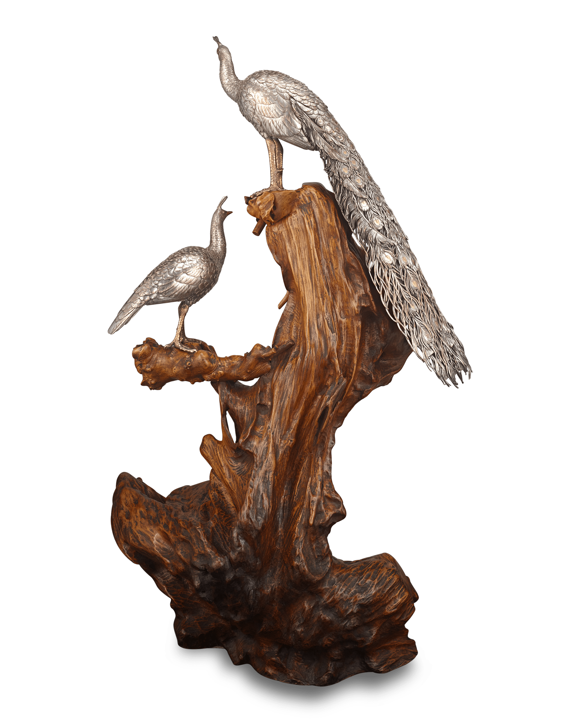 Pair of Meiji Period Bronze Birds on Driftwood Base