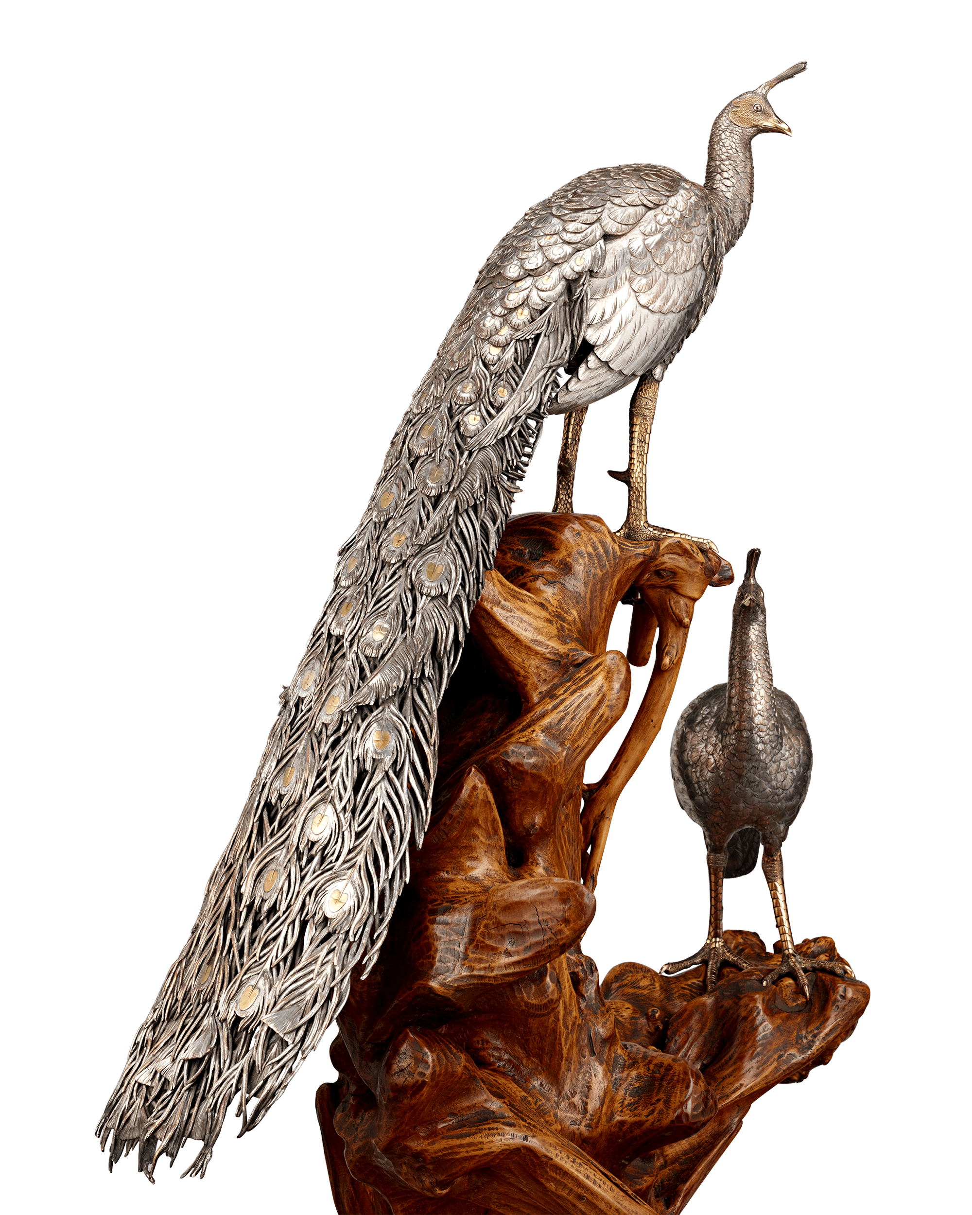 Pair of Meiji Period Bronze Birds on Driftwood Base