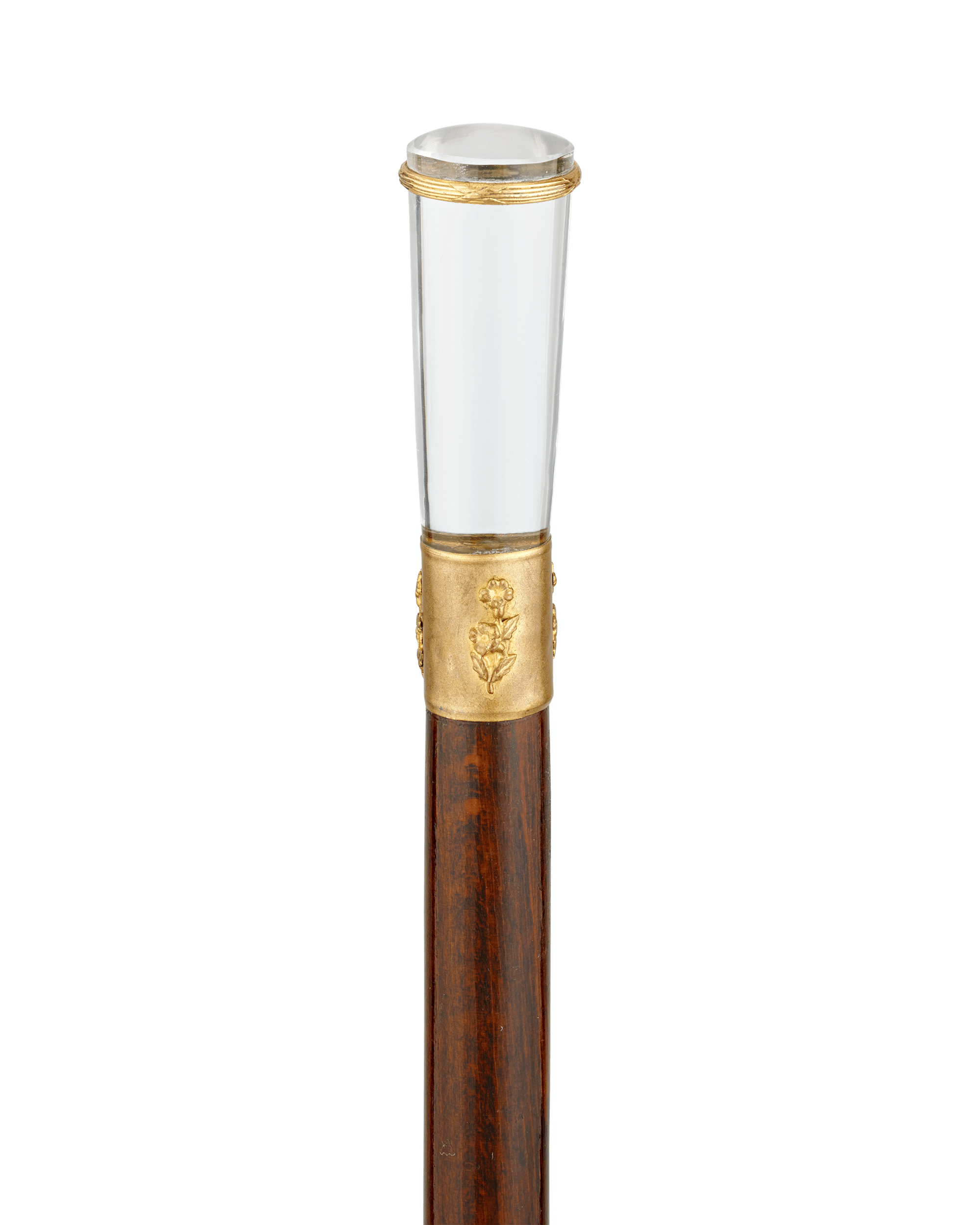 Wooden Cane with Glass Knob and Engraved Flowers