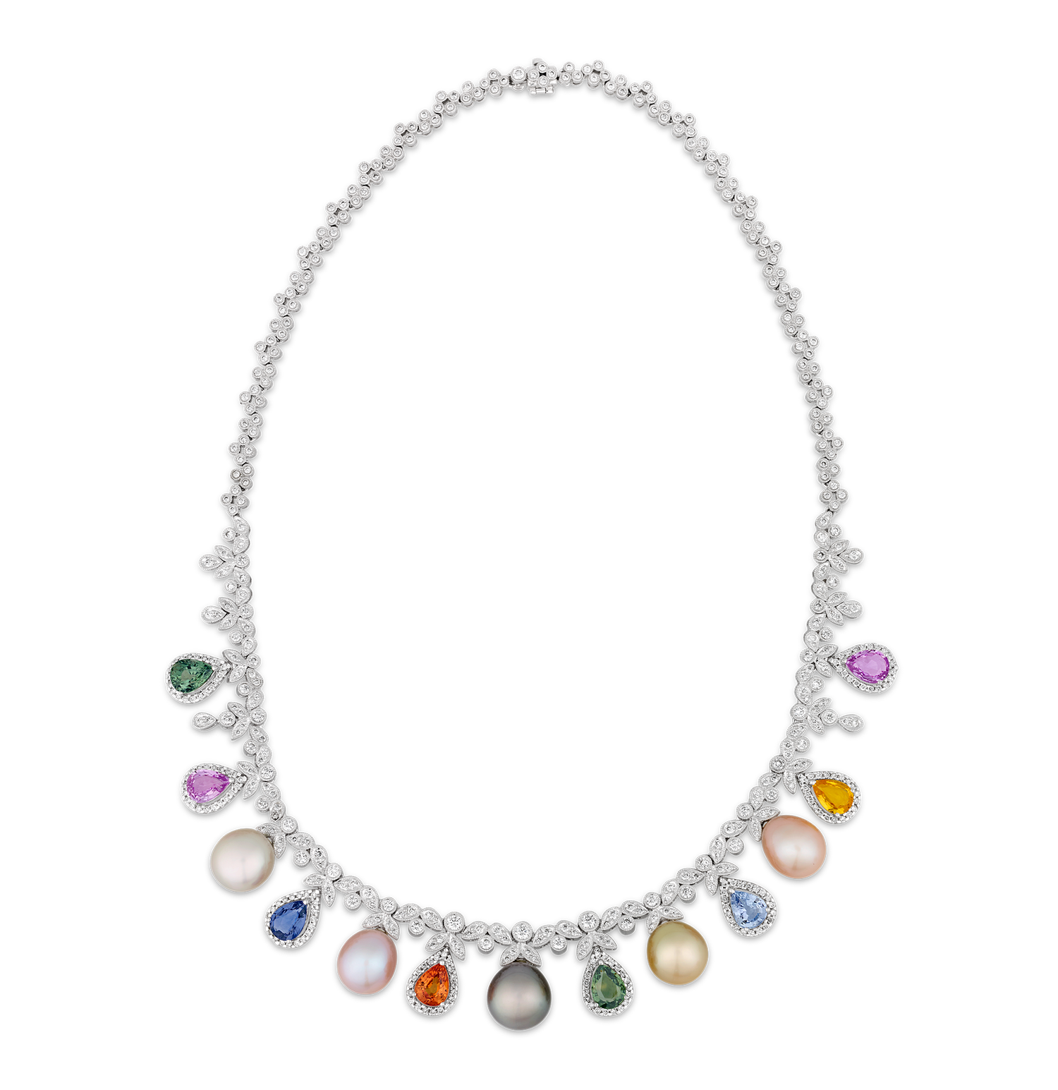 Rainbow Sapphire, Pearl and Diamond Necklace