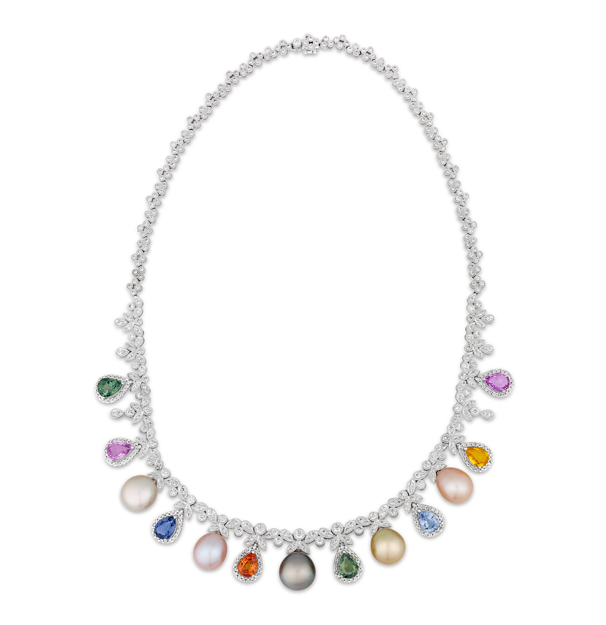 Rainbow Sapphire, Pearl and Diamond Necklace