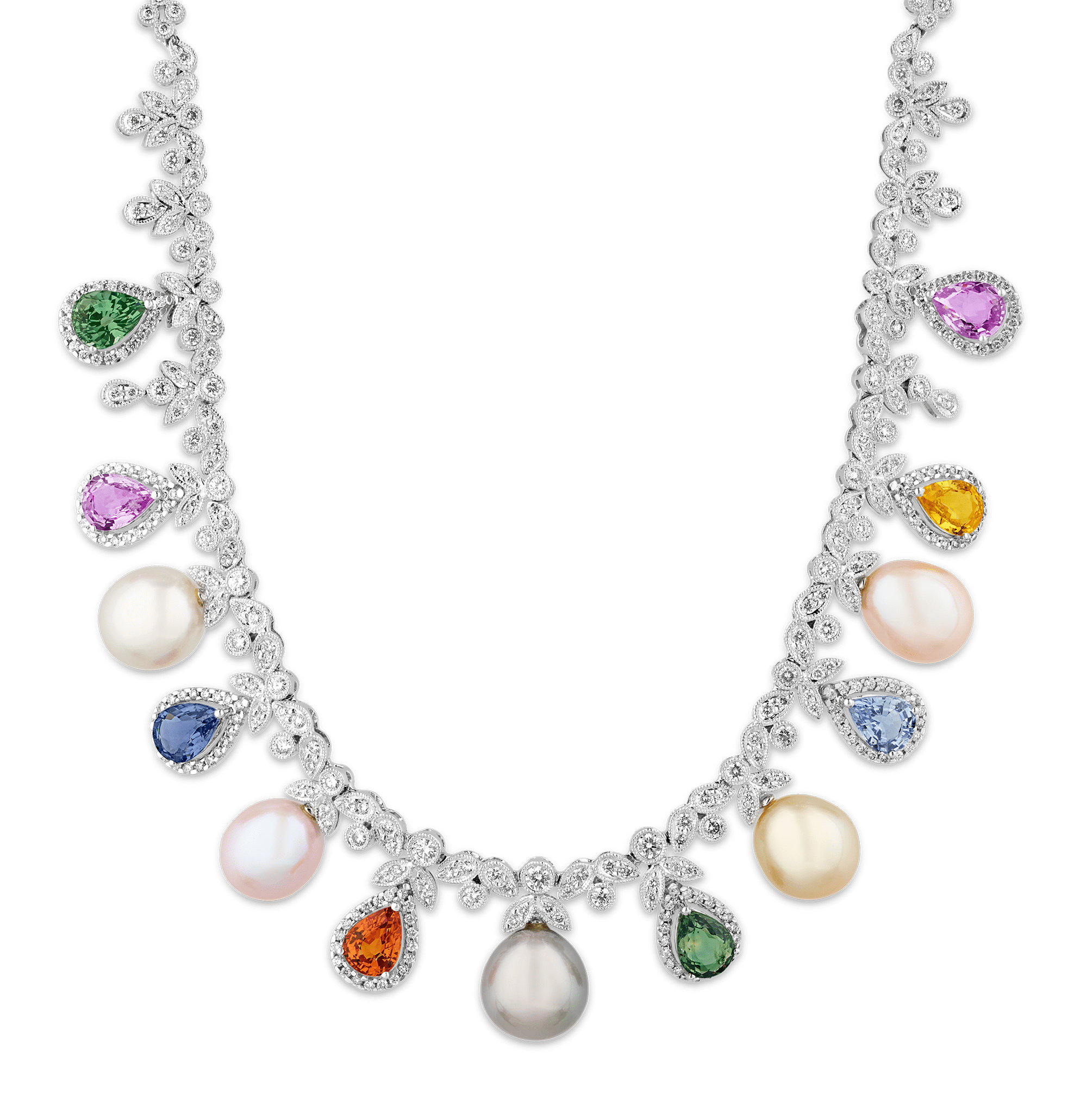 Rainbow Sapphire, Pearl and Diamond Necklace