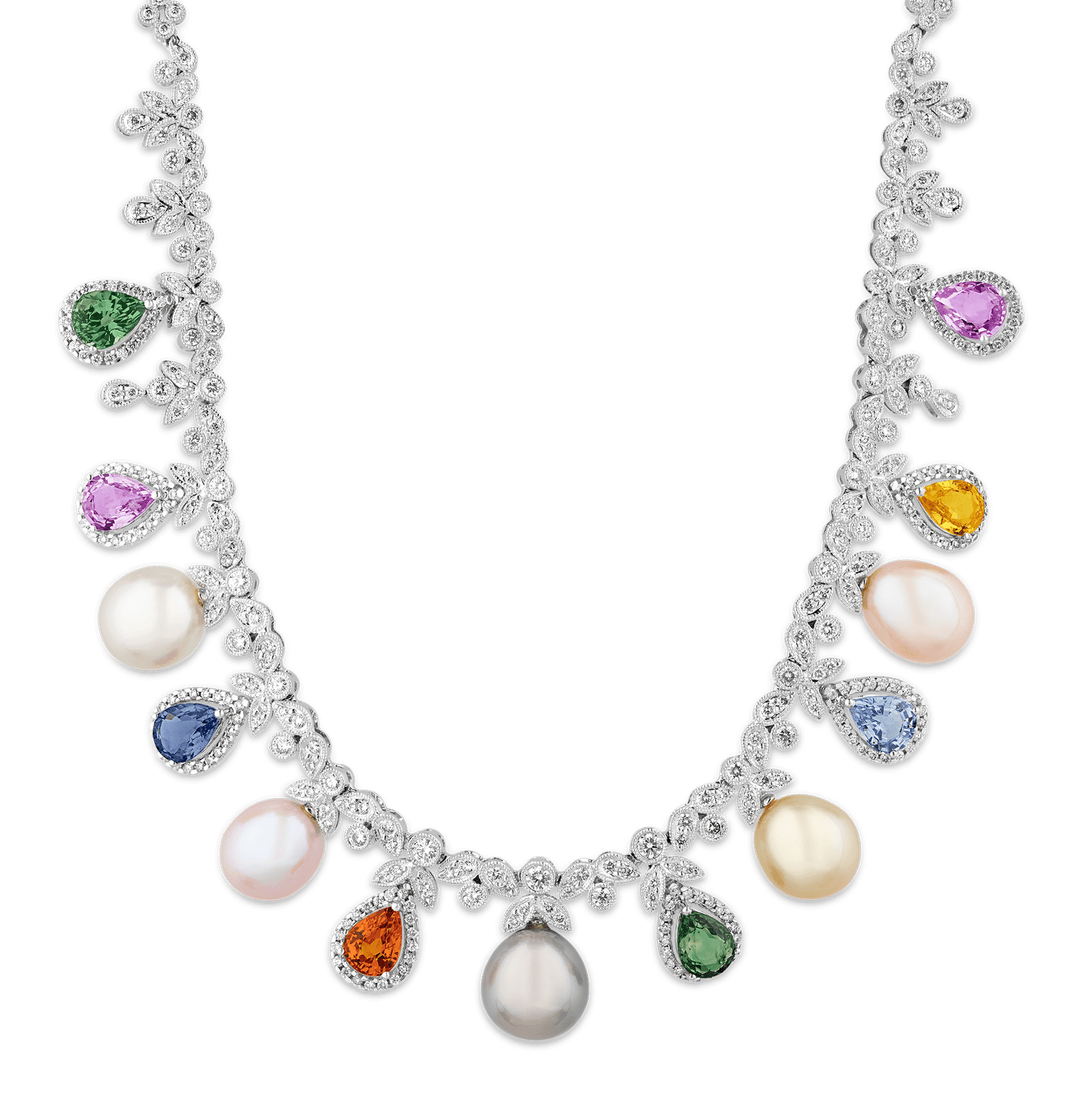 Rainbow Sapphire, Pearl and Diamond Necklace