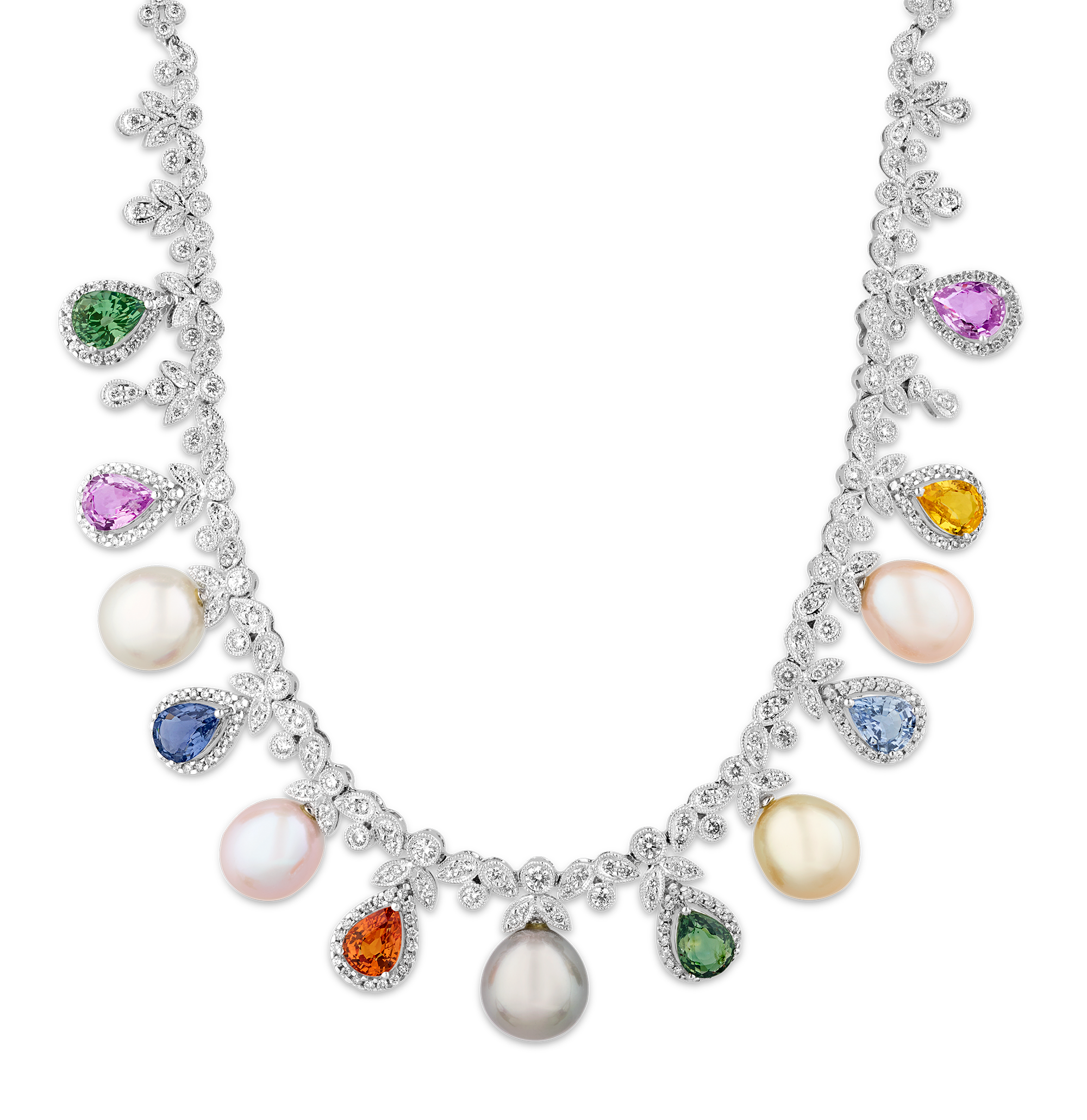 Rainbow Sapphire, Pearl and Diamond Necklace