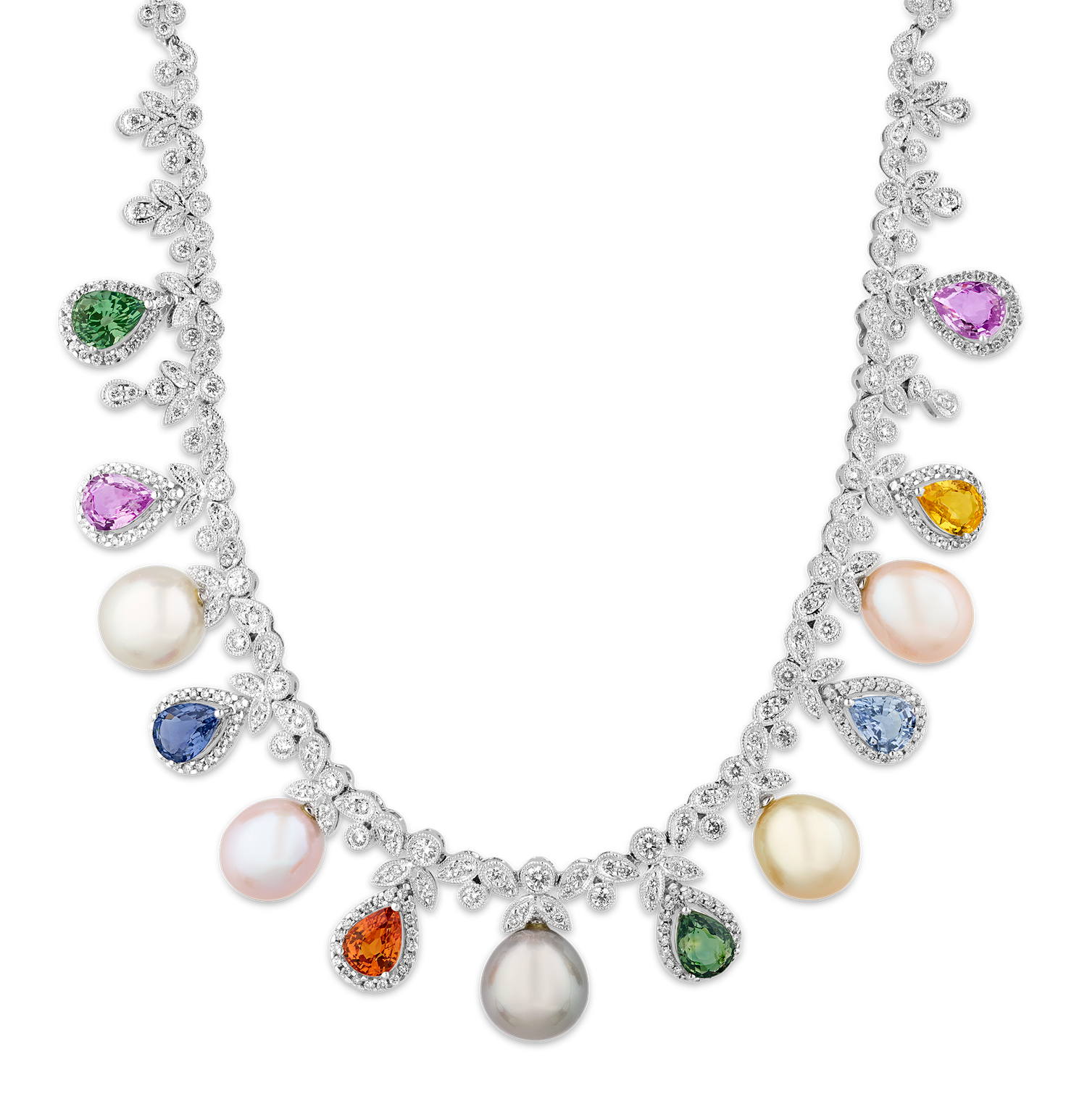 Rainbow Sapphire, Pearl and Diamond Necklace