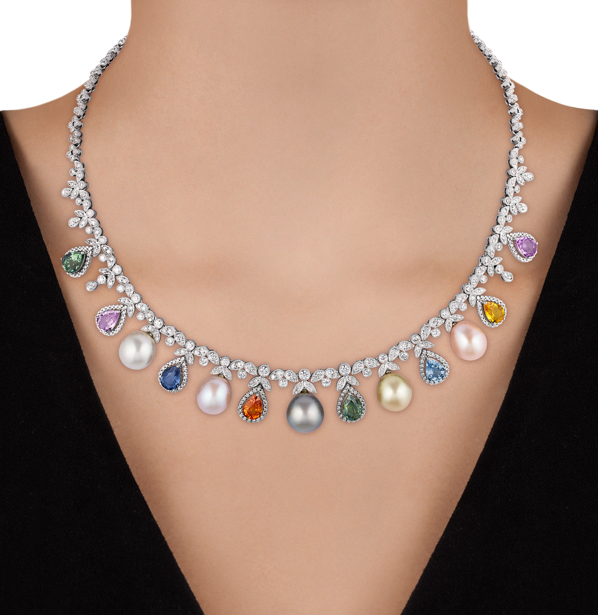 Rainbow Sapphire, Pearl and Diamond Necklace