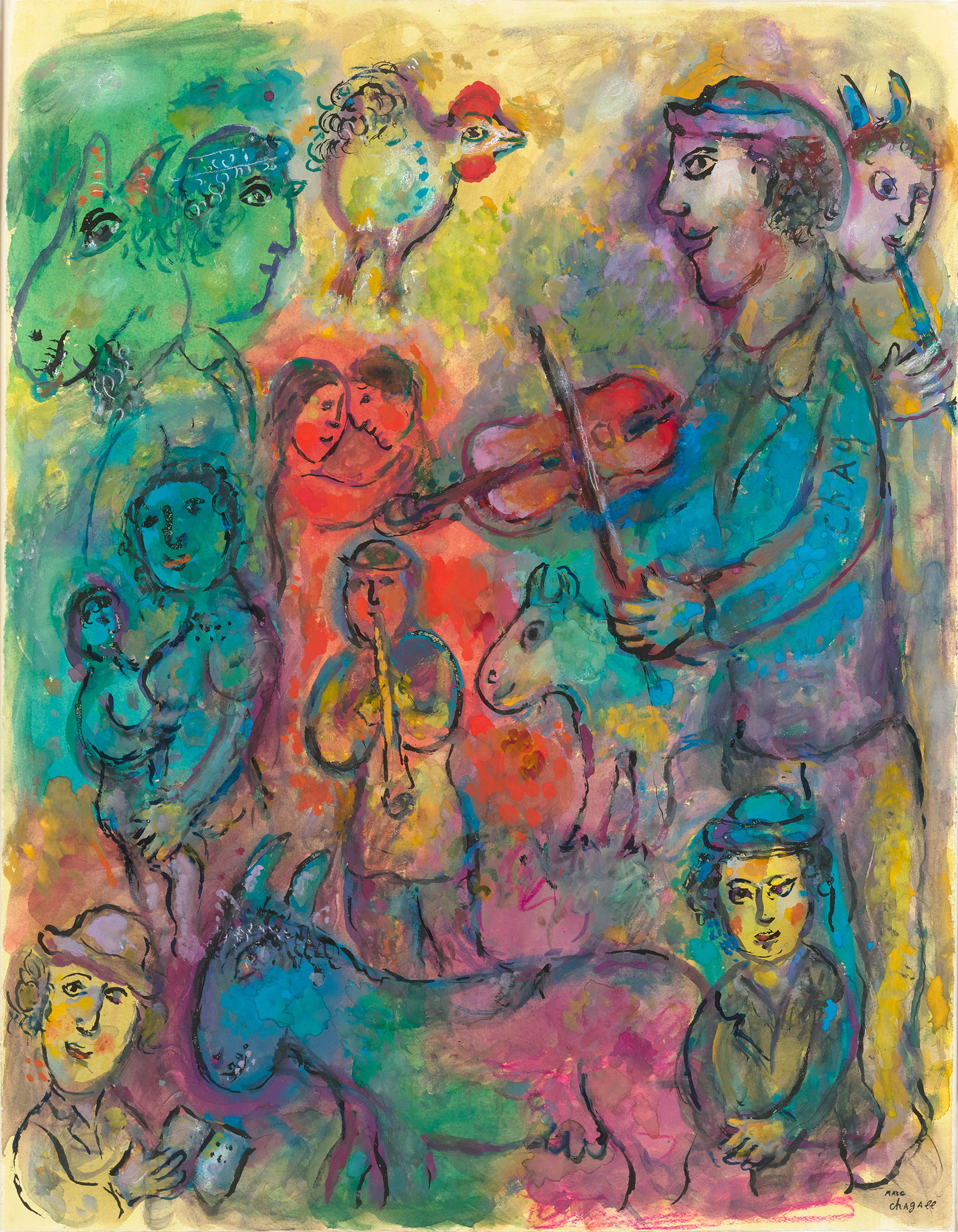 Musiciens sur fond multicolore by Marc Chagall