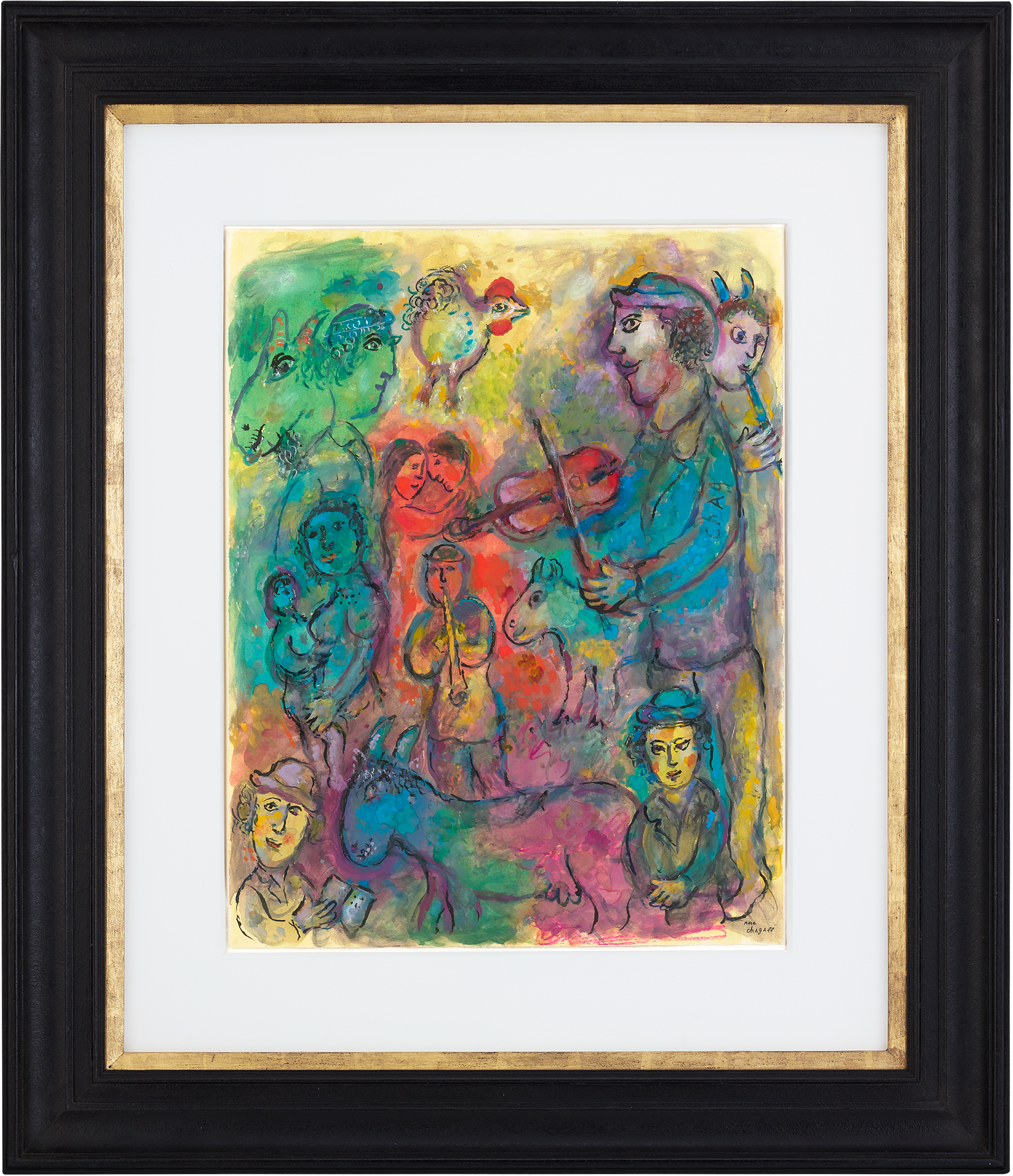 Musiciens sur fond multicolore by Marc Chagall