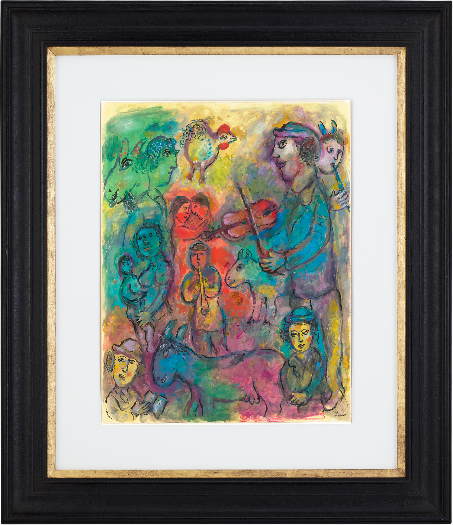 Musiciens sur fond multicolore by Marc Chagall