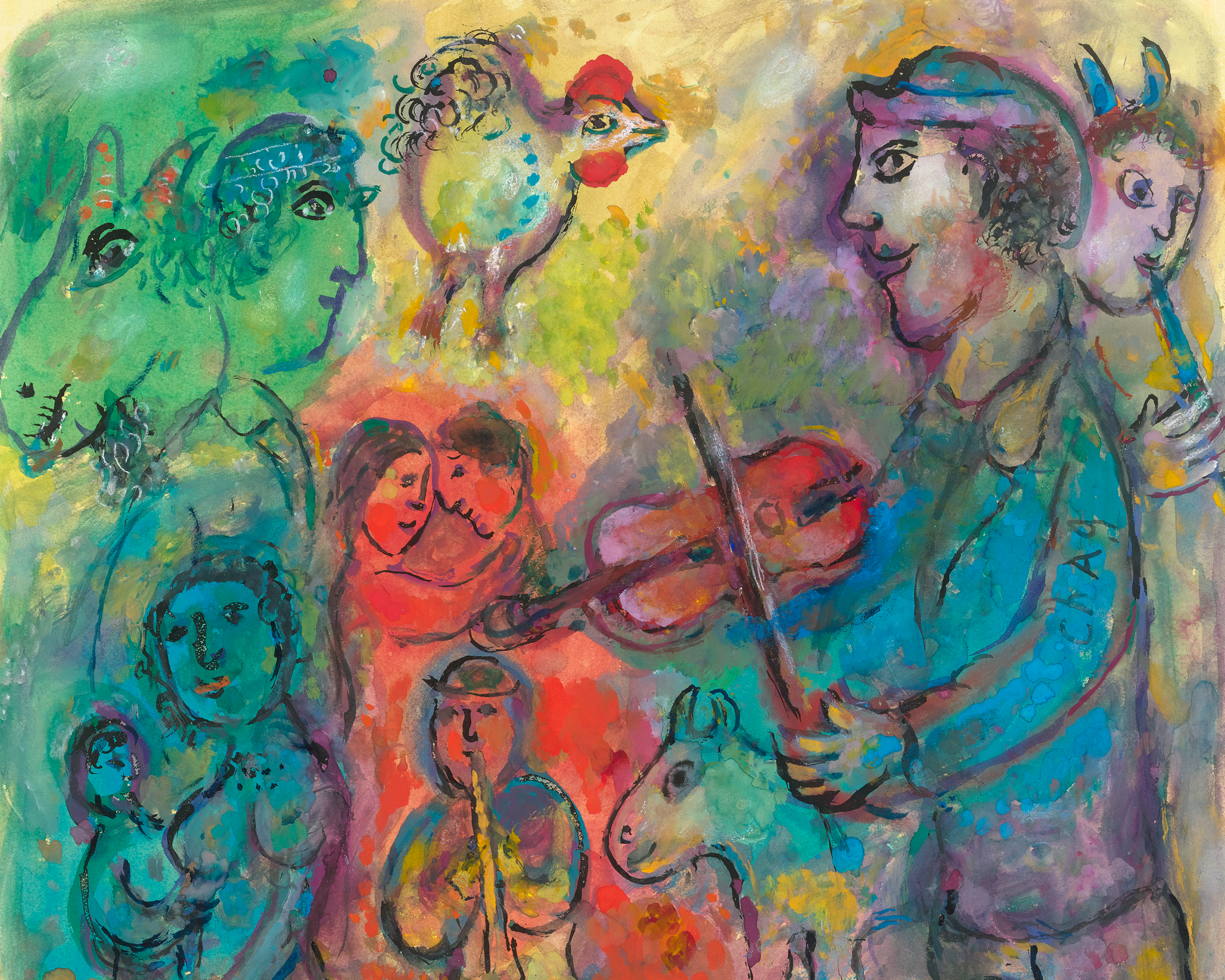 Musiciens sur fond multicolore by Marc Chagall