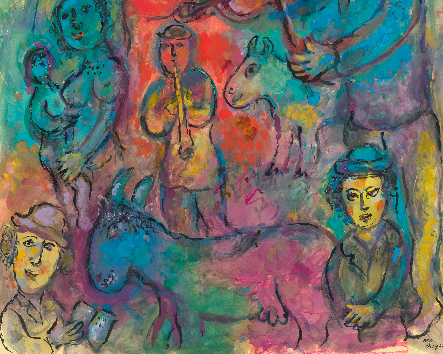 Musiciens sur fond multicolore by Marc Chagall