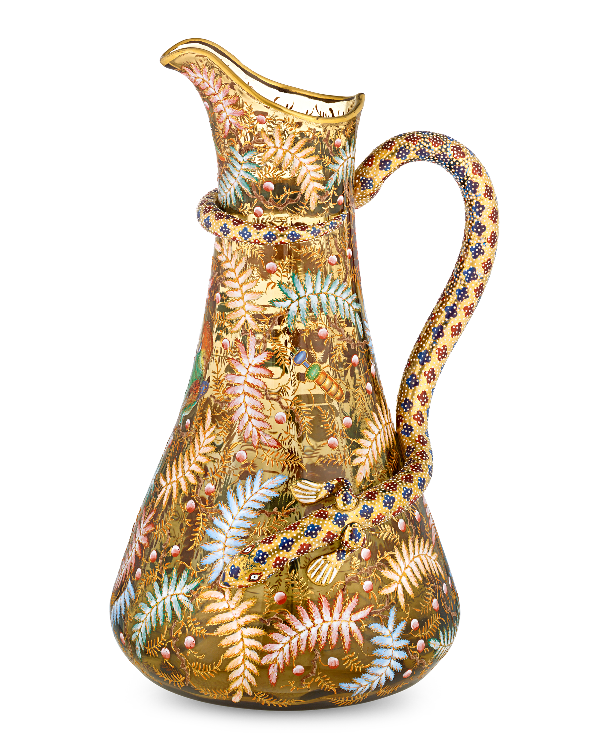 Moser Pitcher with Enameled Bird and Salamander