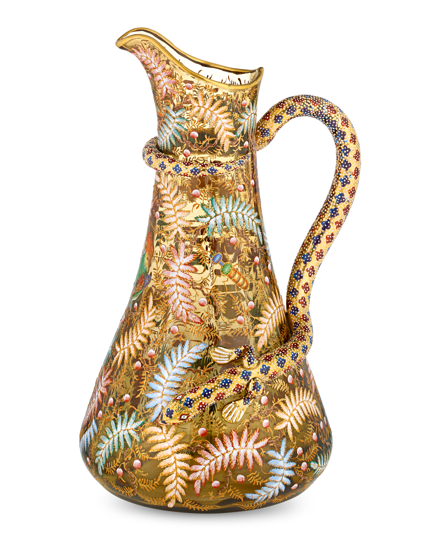 Moser Pitcher with Enameled Bird and Salamander