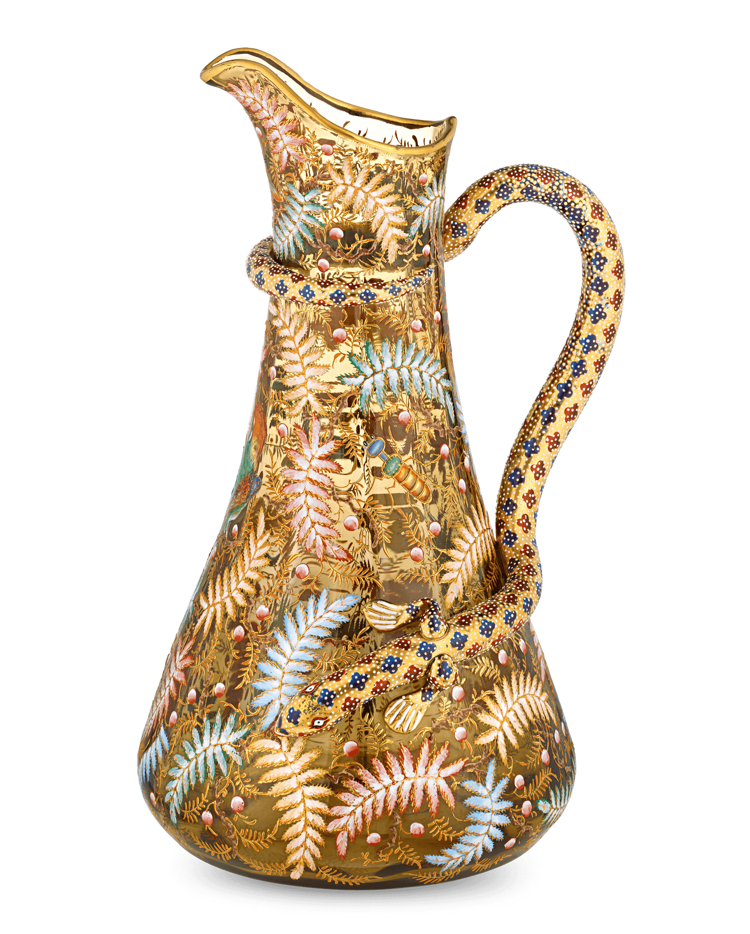 Moser Pitcher with Enameled Bird and Salamander