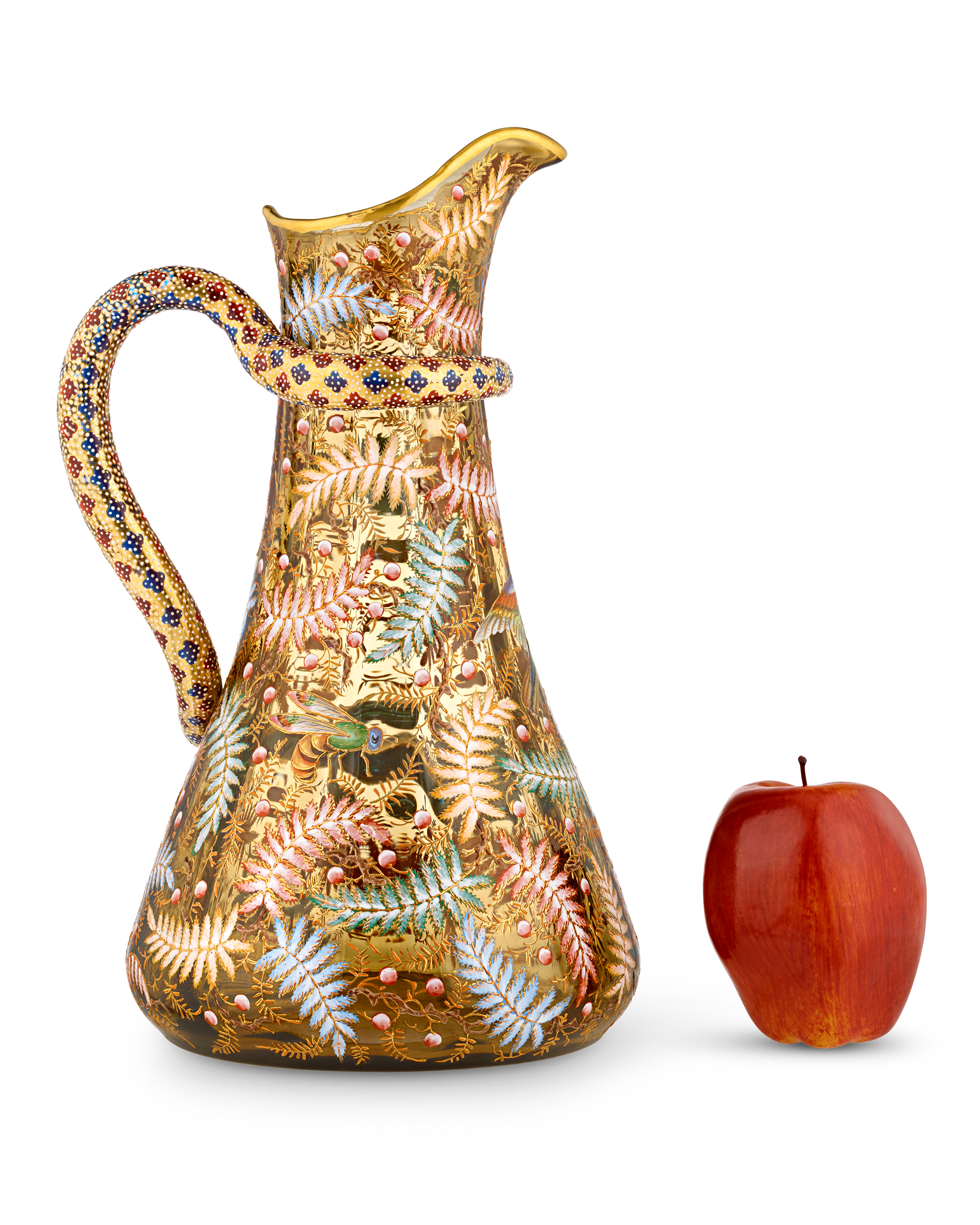 Moser Pitcher with Enameled Bird and Salamander