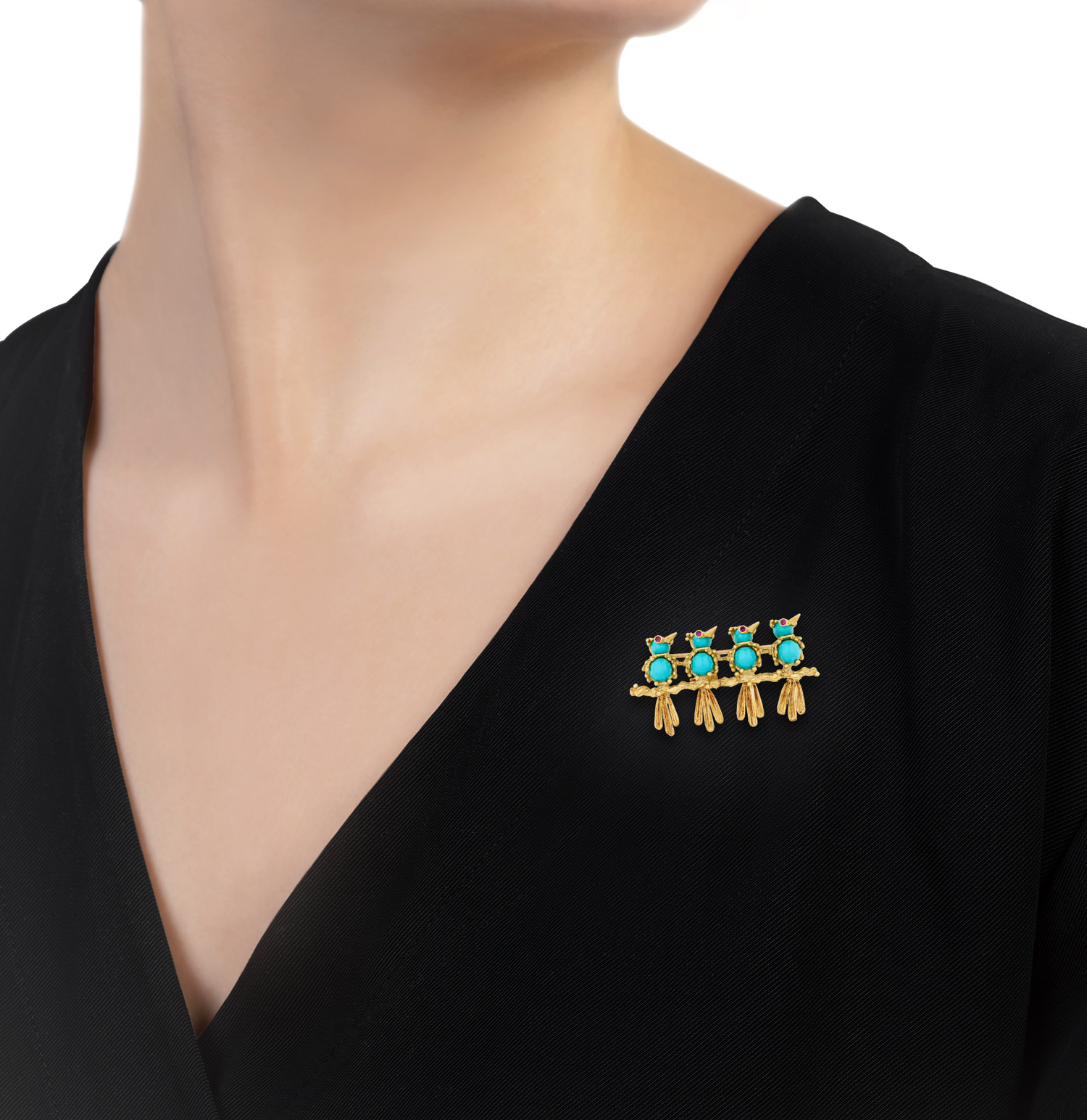 Turquoise and Ruby Bird Brooch