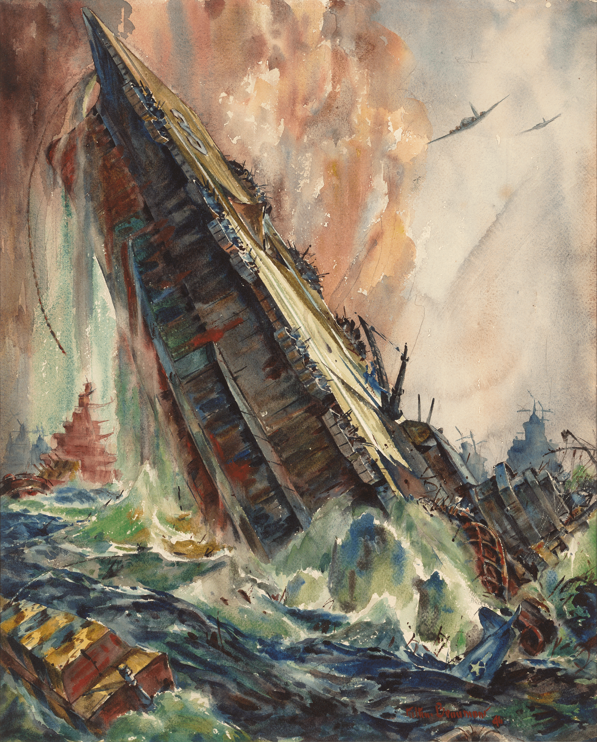 Sinking of the Saratoga Watercolor by Arthur Beaumont