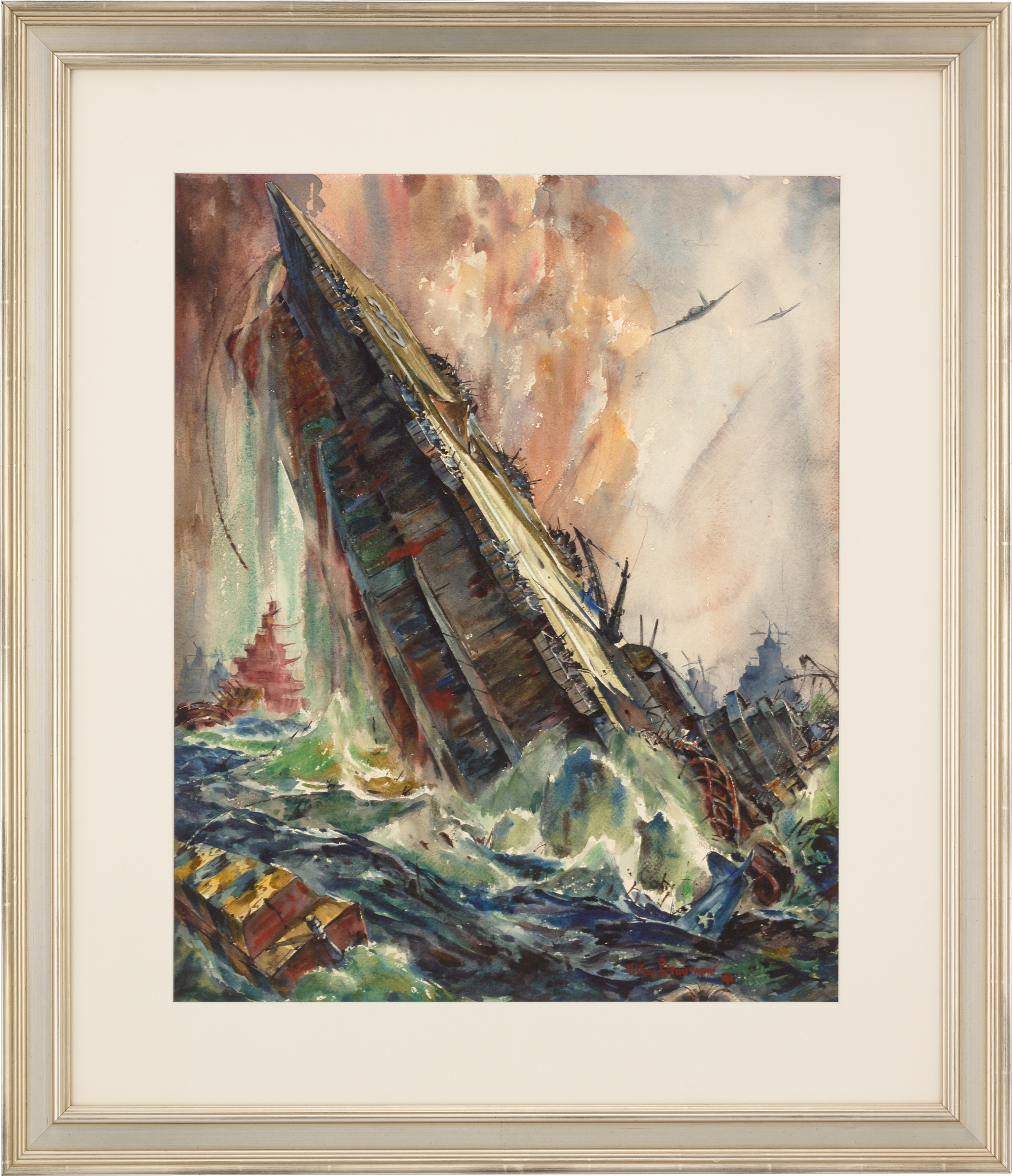 Sinking of the Saratoga Watercolor by War Correspondent