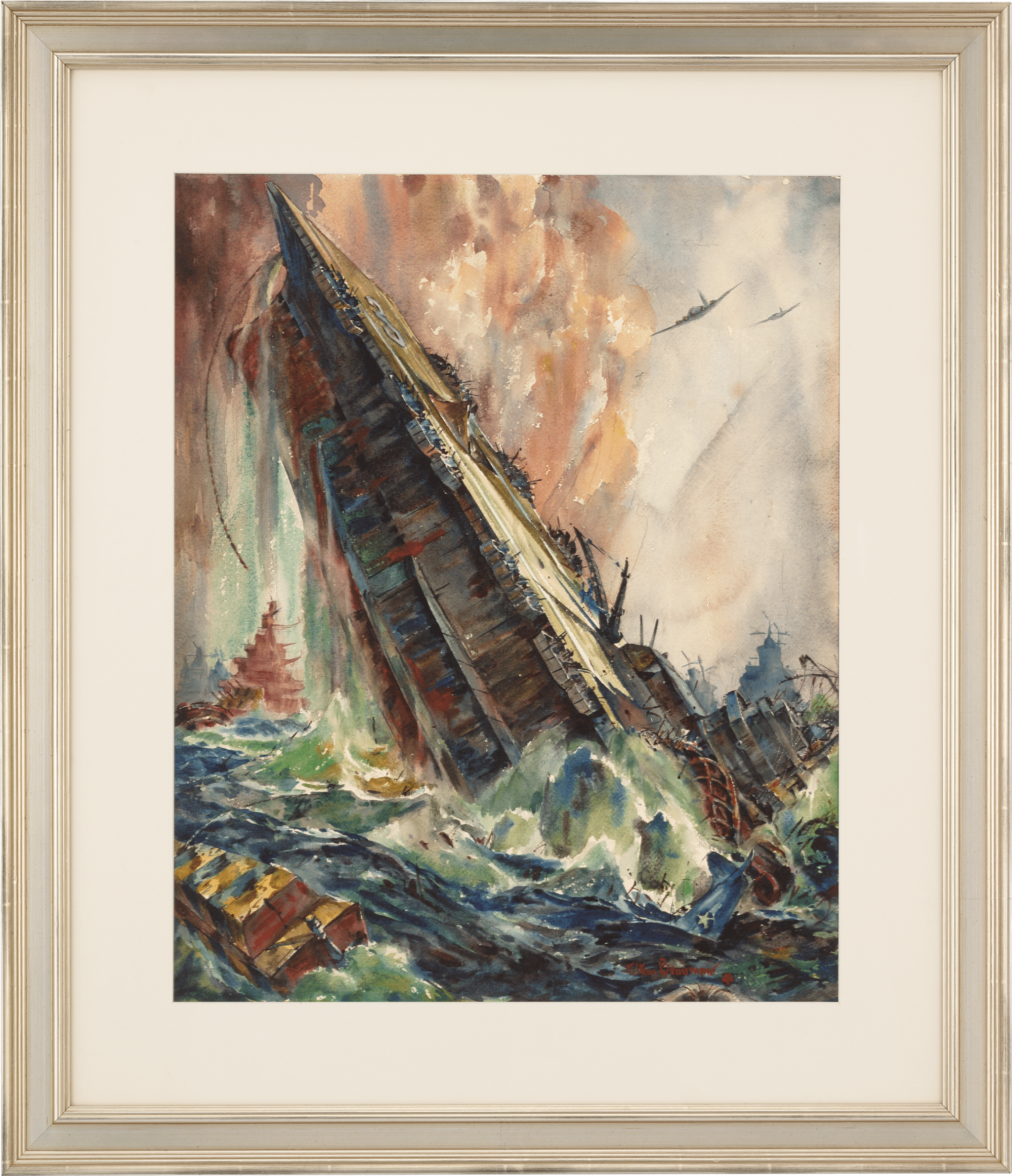 Sinking of the Saratoga Watercolor by Arthur Beaumont