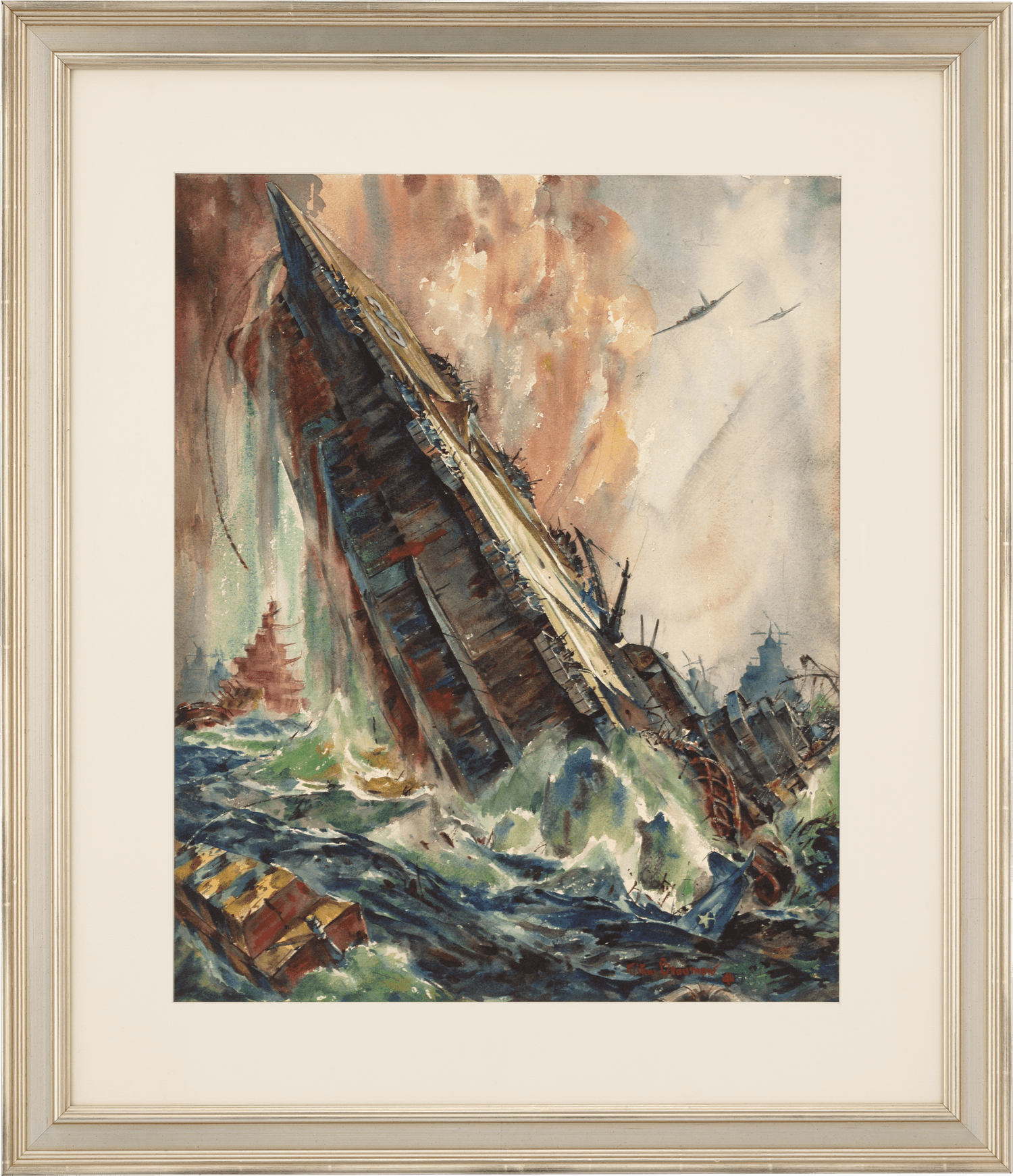 Sinking of the Saratoga Watercolor by Arthur Beaumont