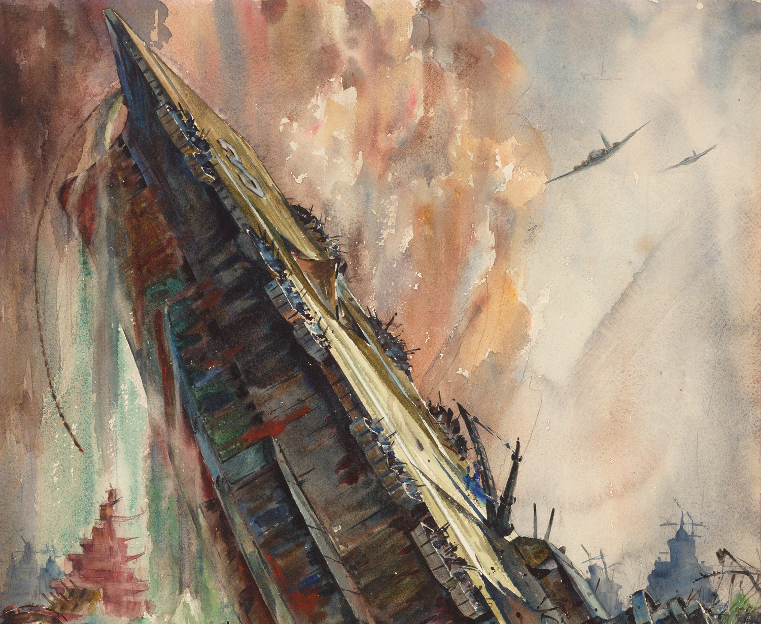 Sinking of the Saratoga Watercolor by War Correspondent