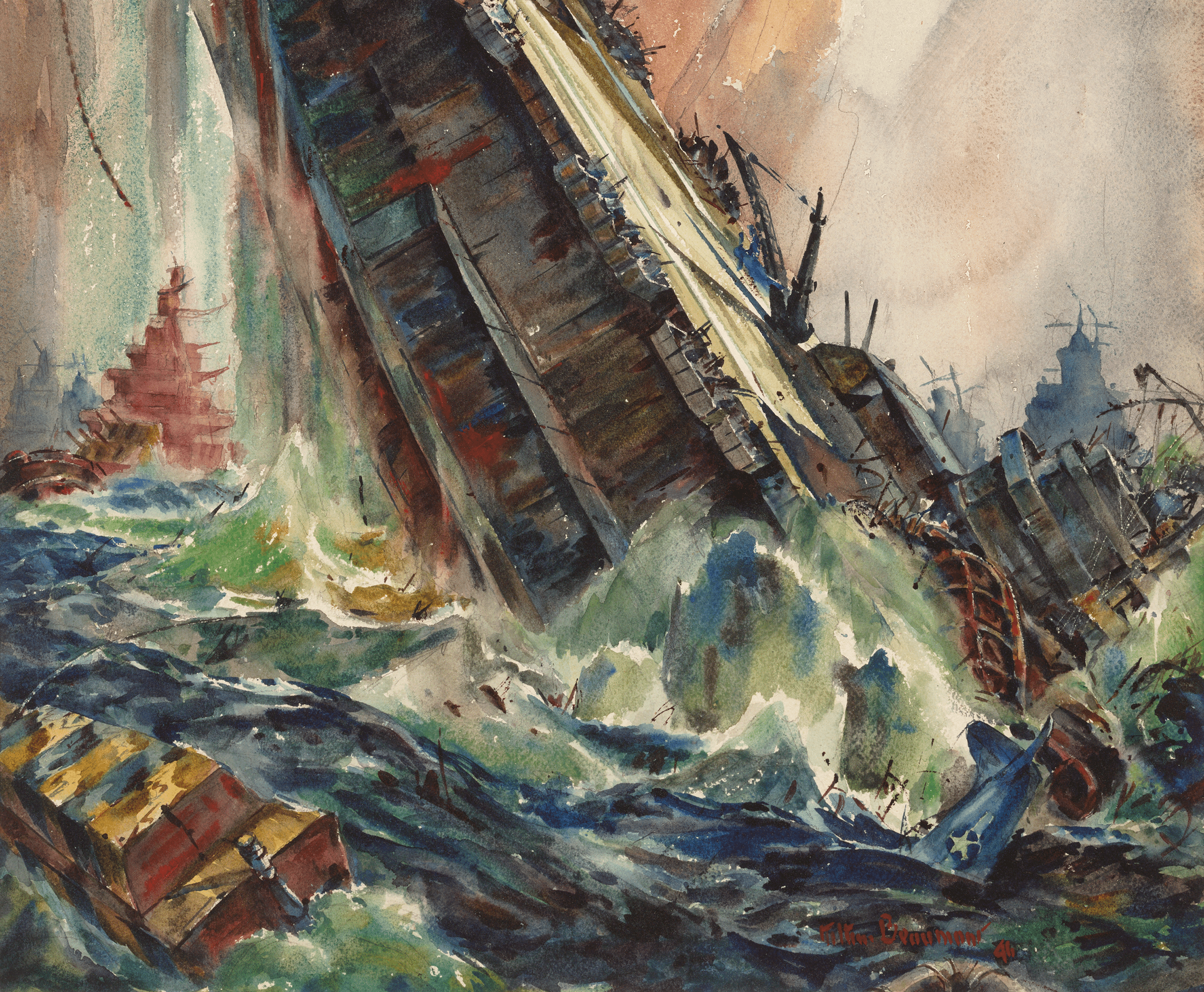 Sinking of the Saratoga Watercolor by Arthur Beaumont