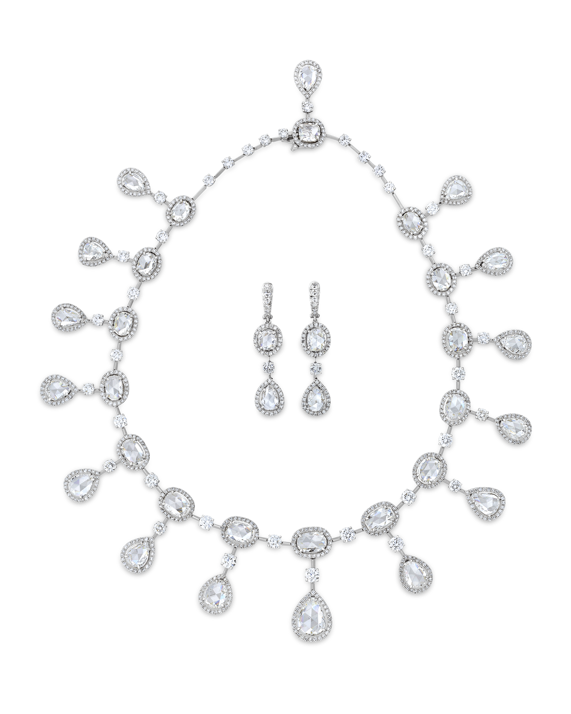 Rose Cut Diamond Necklace and Earrings, 61.28 carats