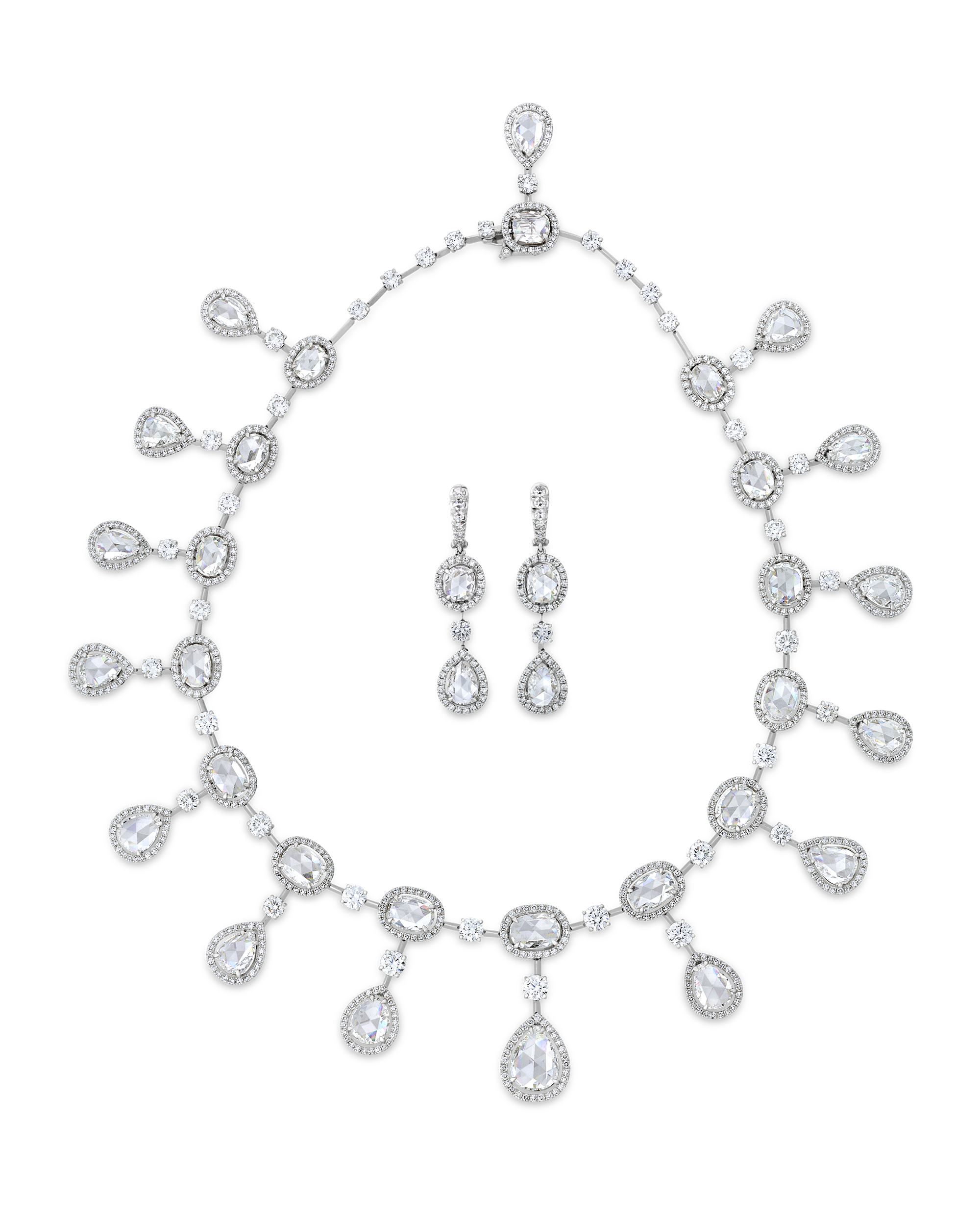 Rose Cut Diamond Necklace and Earrings, 61.28 carats