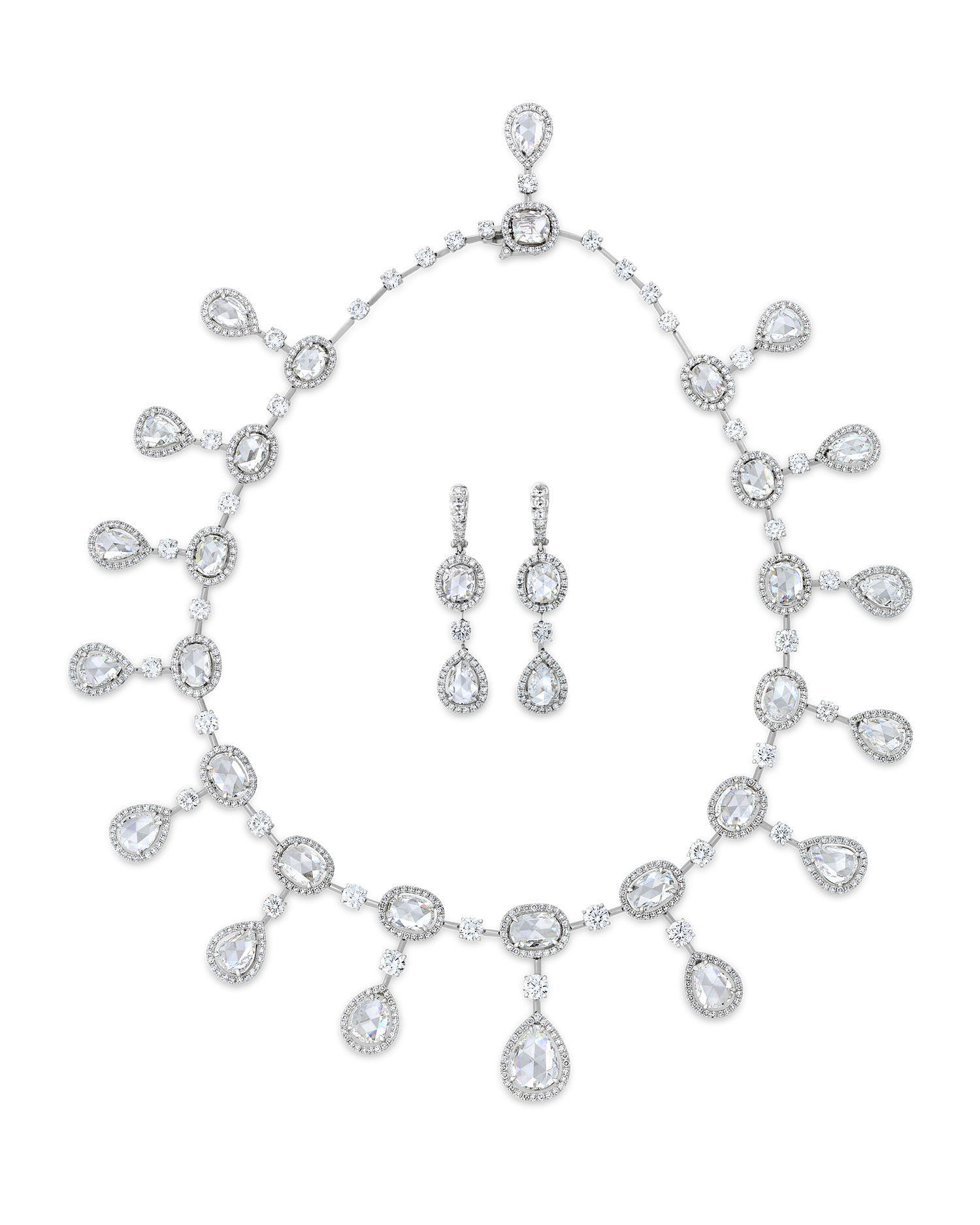 Rose Cut Diamond Necklace and Earrings, 61.28 carats