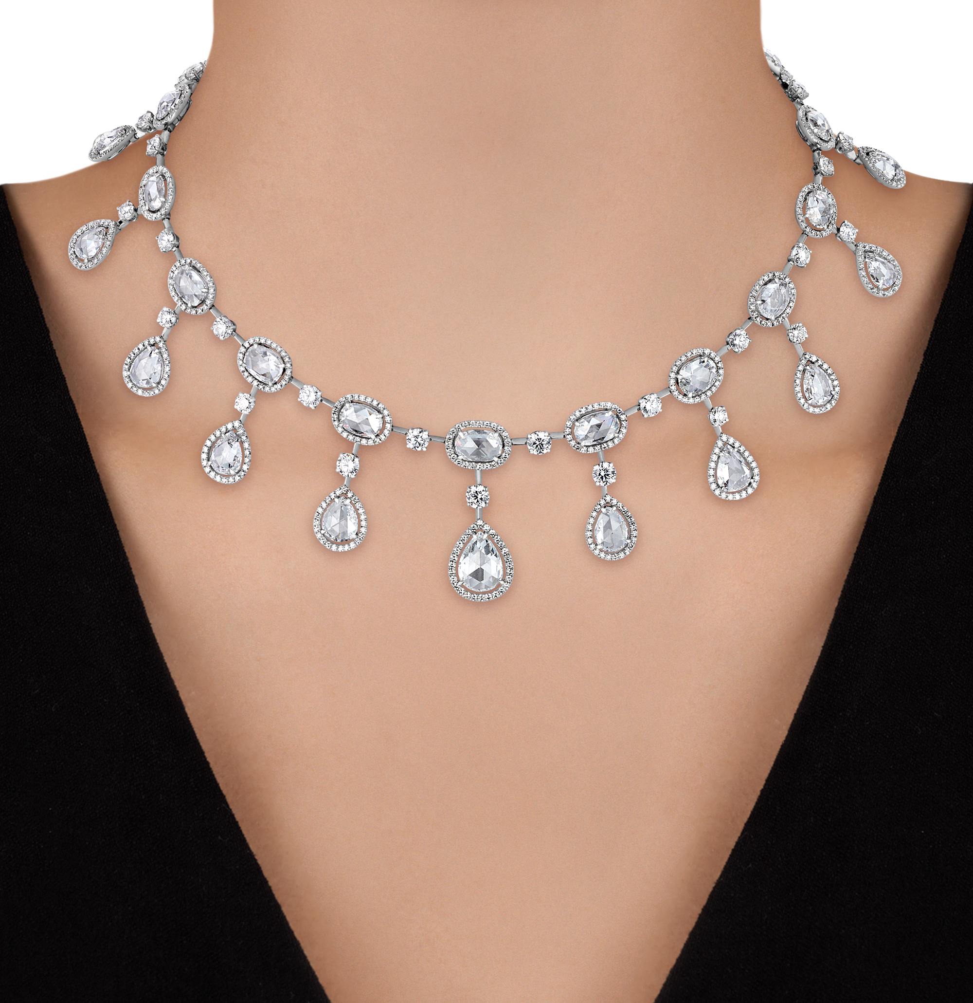 Rose Cut Diamond Necklace and Earrings, 61.28 carats