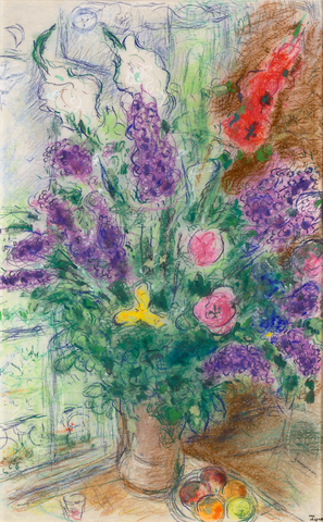 Grand bouquet et fruits devant la fenêtre à Paris by Marc Chagall