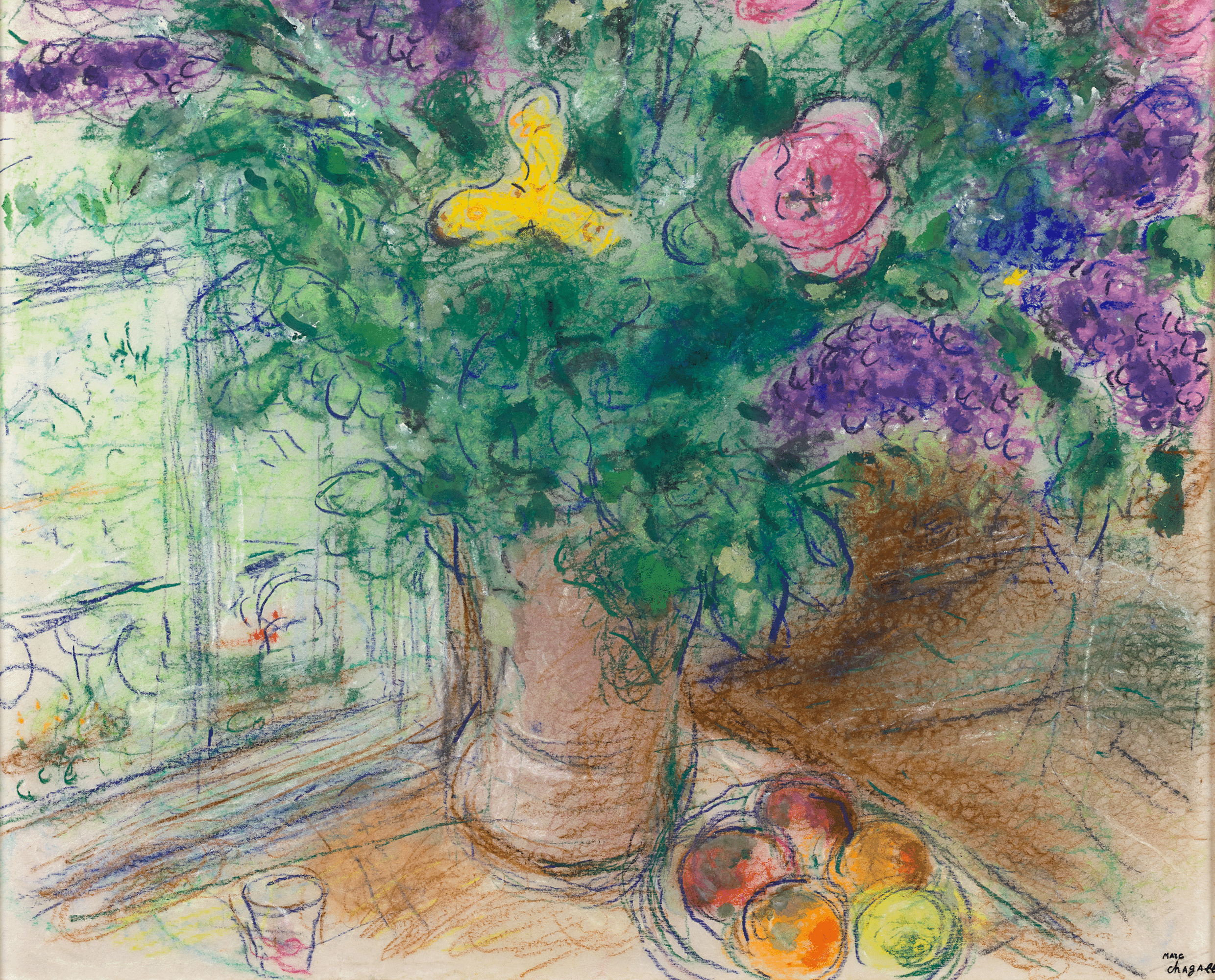 Grand bouquet et fruits devant la fenêtre à Paris by Marc Chagall