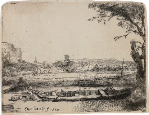 Canal with Large Boat and Bridge by Rembrandt van Rijn
