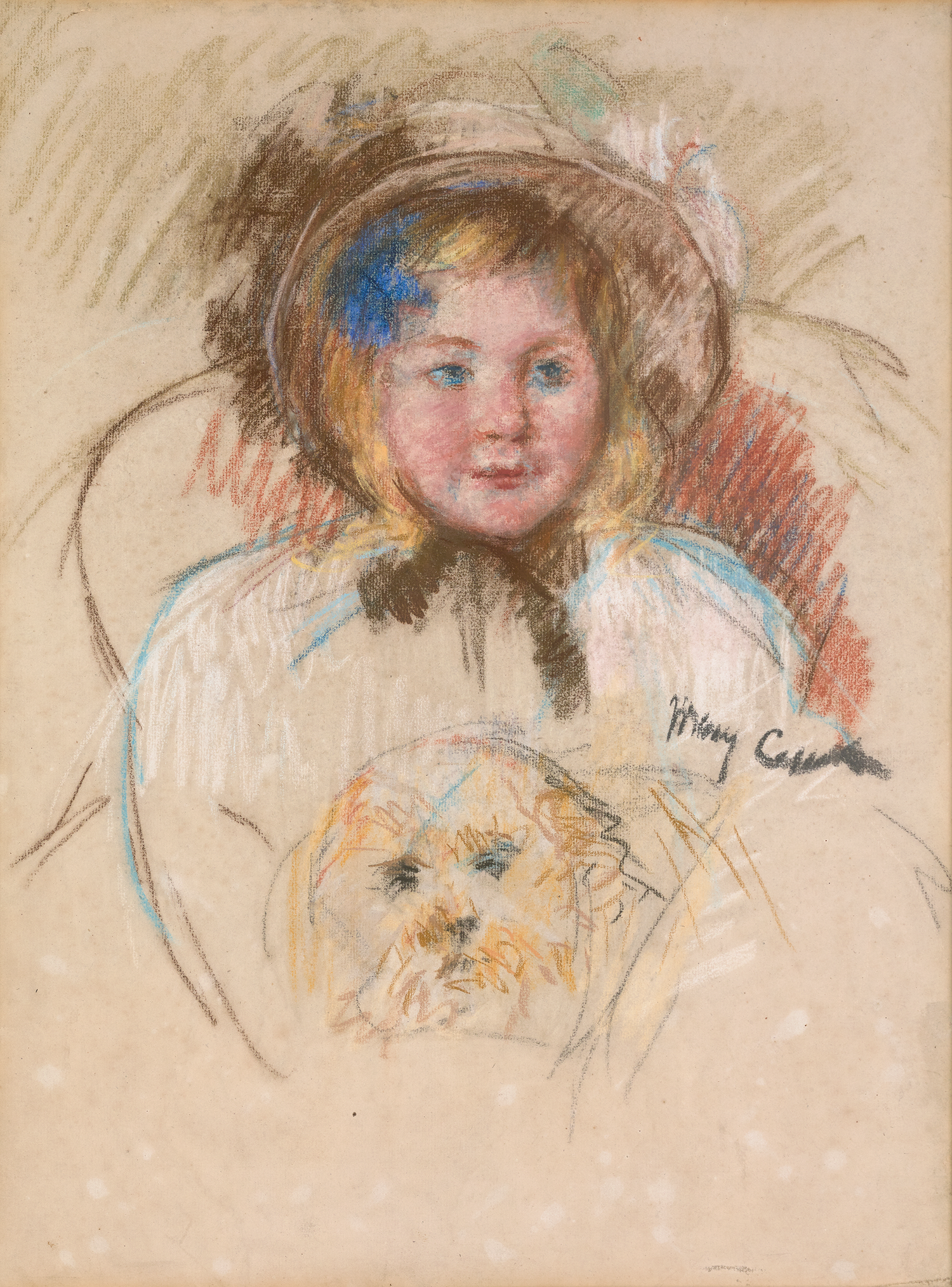 Sara in a Round-Brimmed Bonnet Holding her Dog by Mary Cassatt