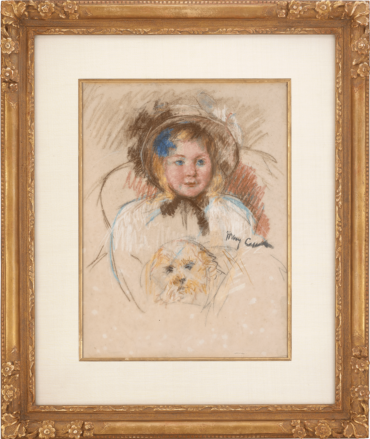 Sara in a Round-Brimmed Bonnet Holding her Dog by Mary Cassatt