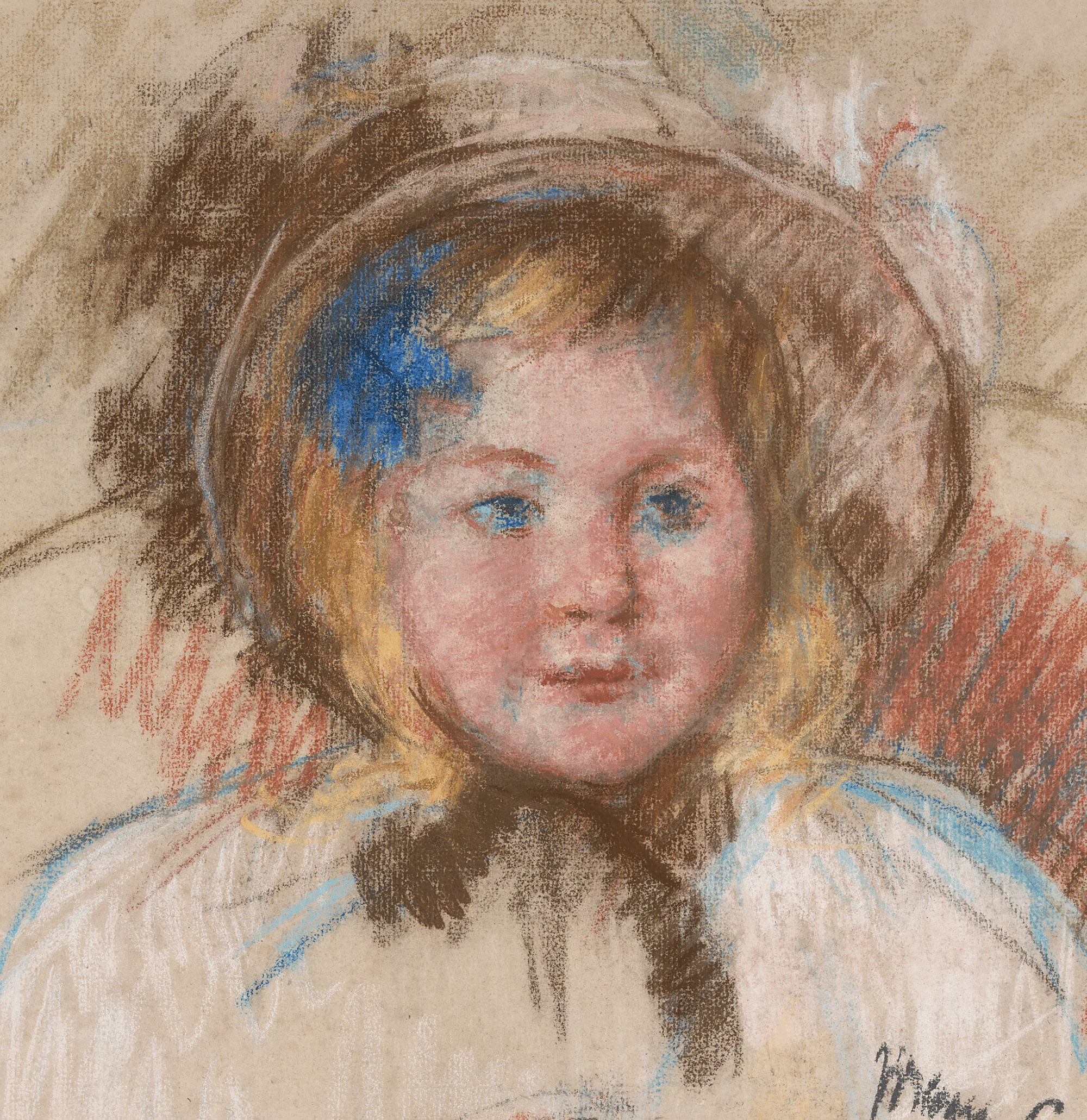 Sara in a Round-Brimmed Bonnet Holding her Dog by Mary Cassatt