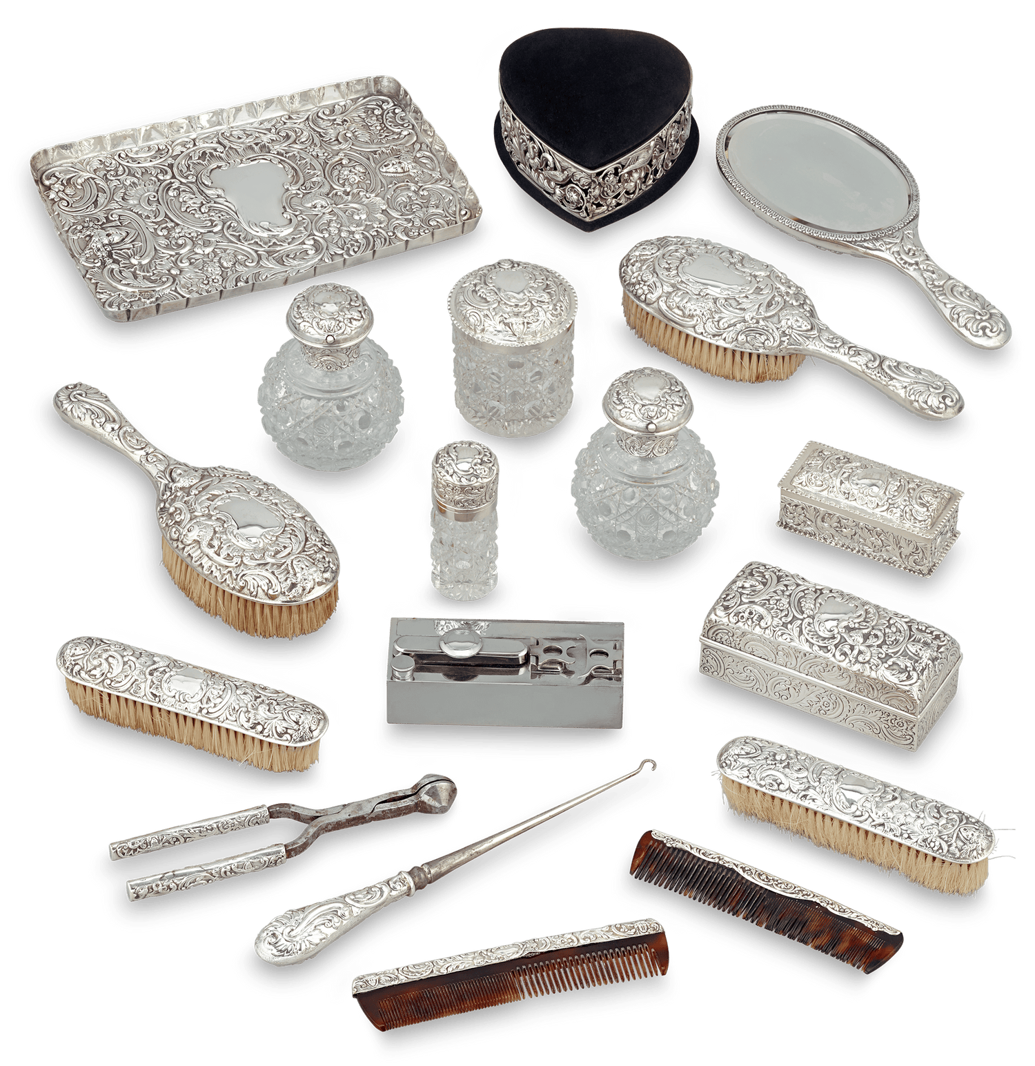 silver dressing table set A Dressing Table Set in Antique Silver