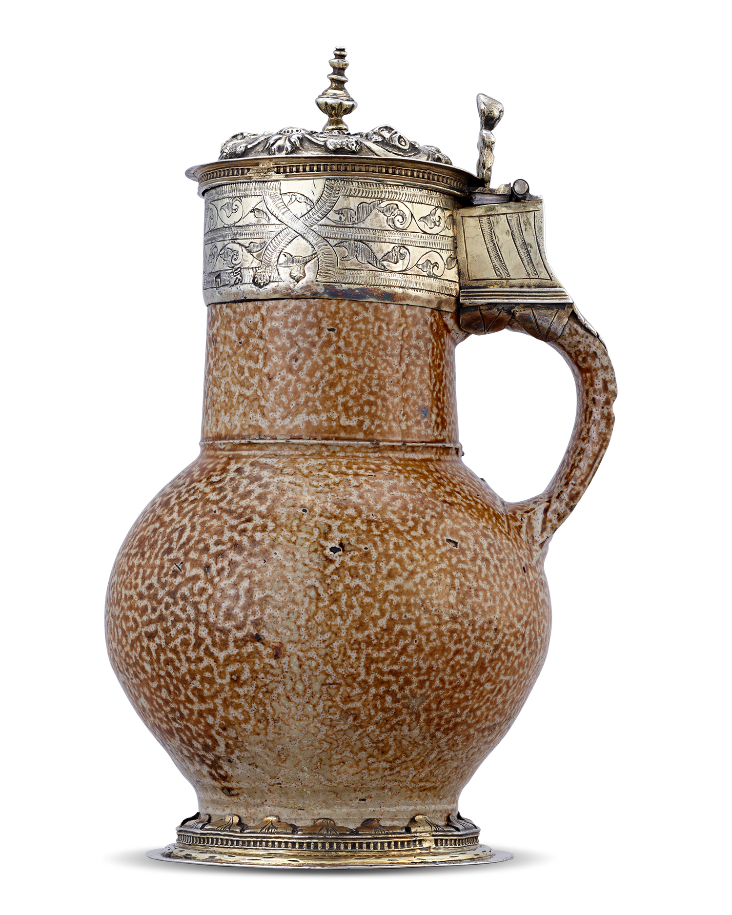 Elizabethan Tigerware Jug with Silver Gilt Mountings, Circa 1560