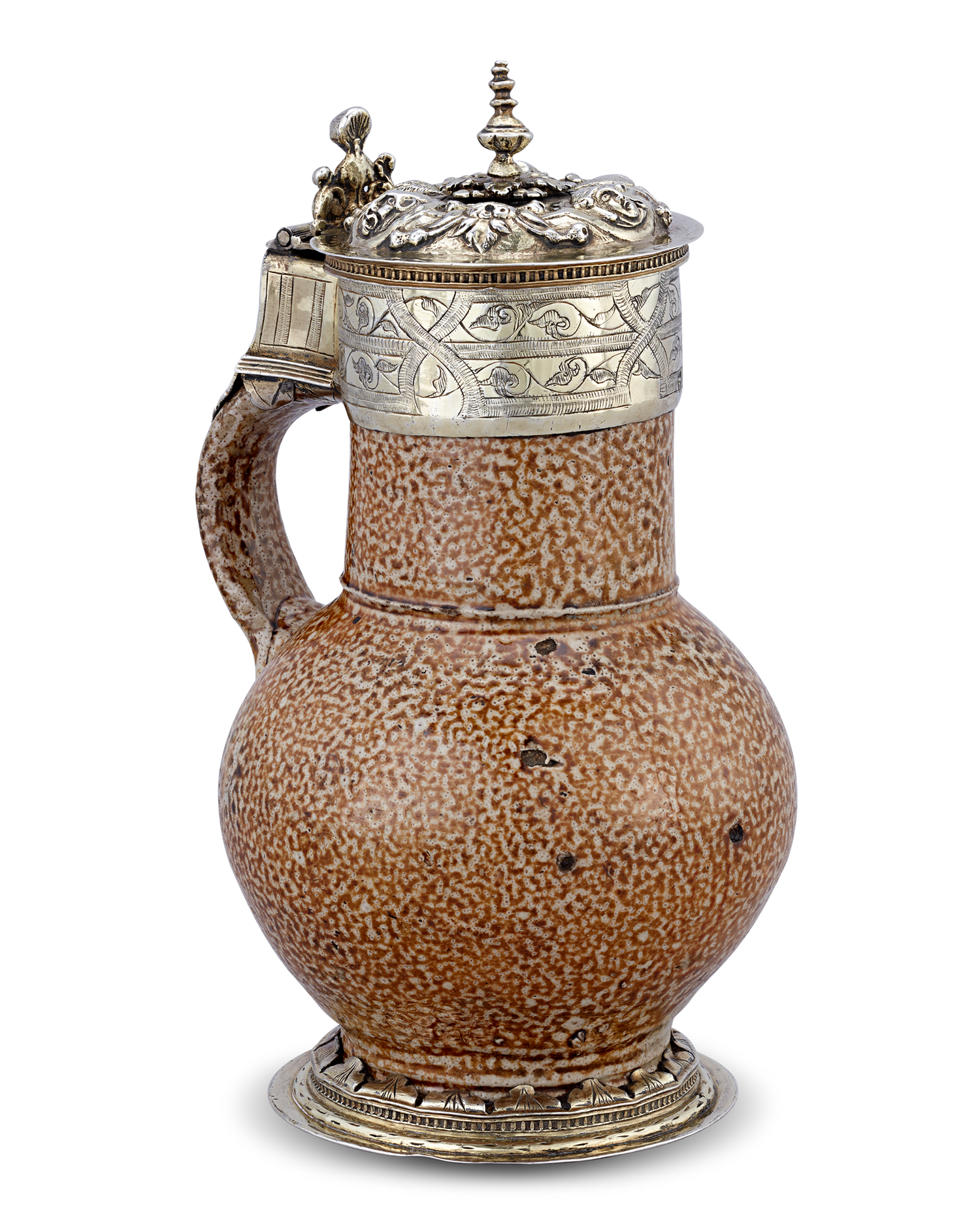 Elizabethan Tigerware Jug with Silver Gilt Mountings, Circa 1560