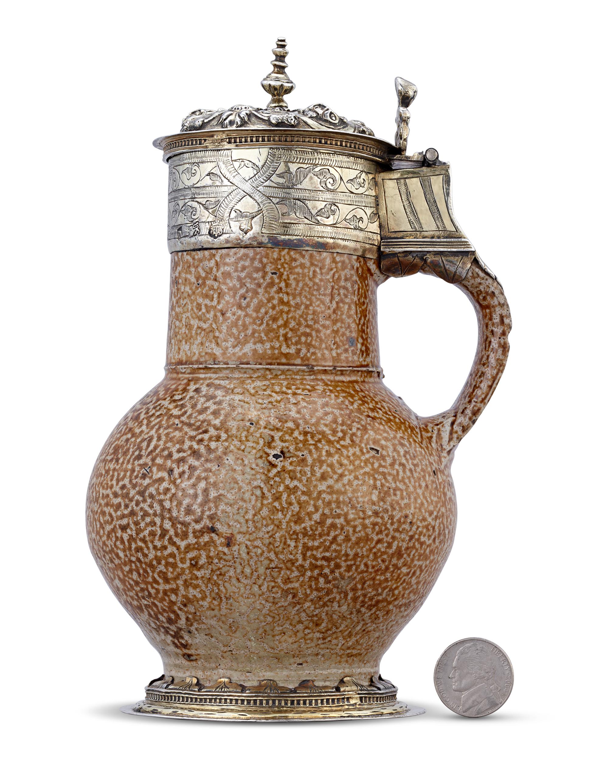 Elizabethan Tigerware Jug with Silver Gilt Mountings, Circa 1560