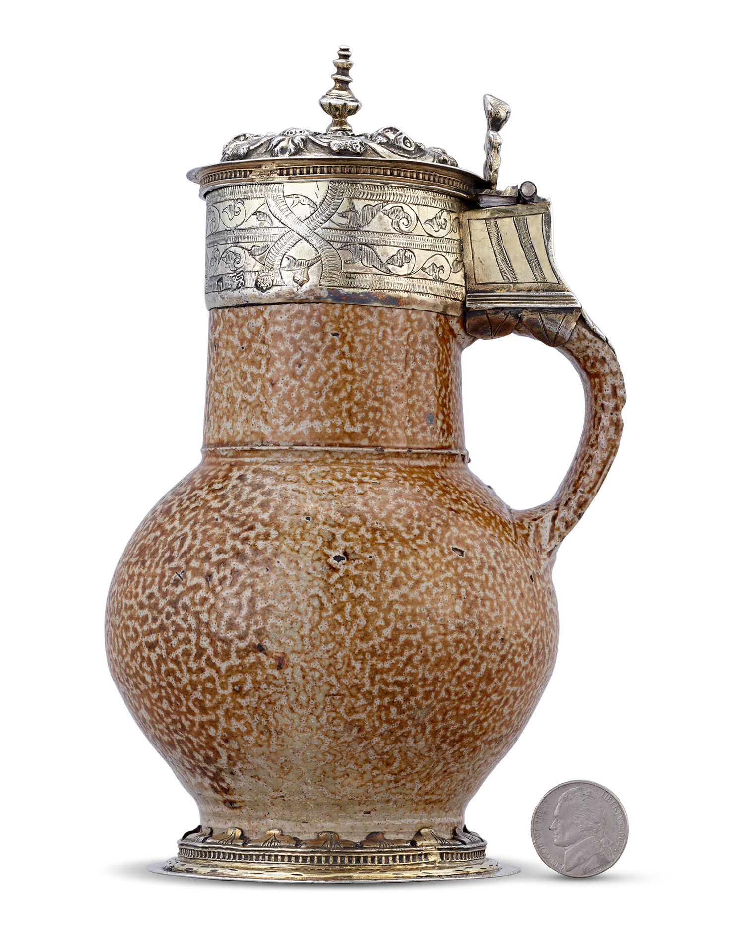 Elizabethan Tigerware Jug with Silver Gilt Mountings, Circa 1560